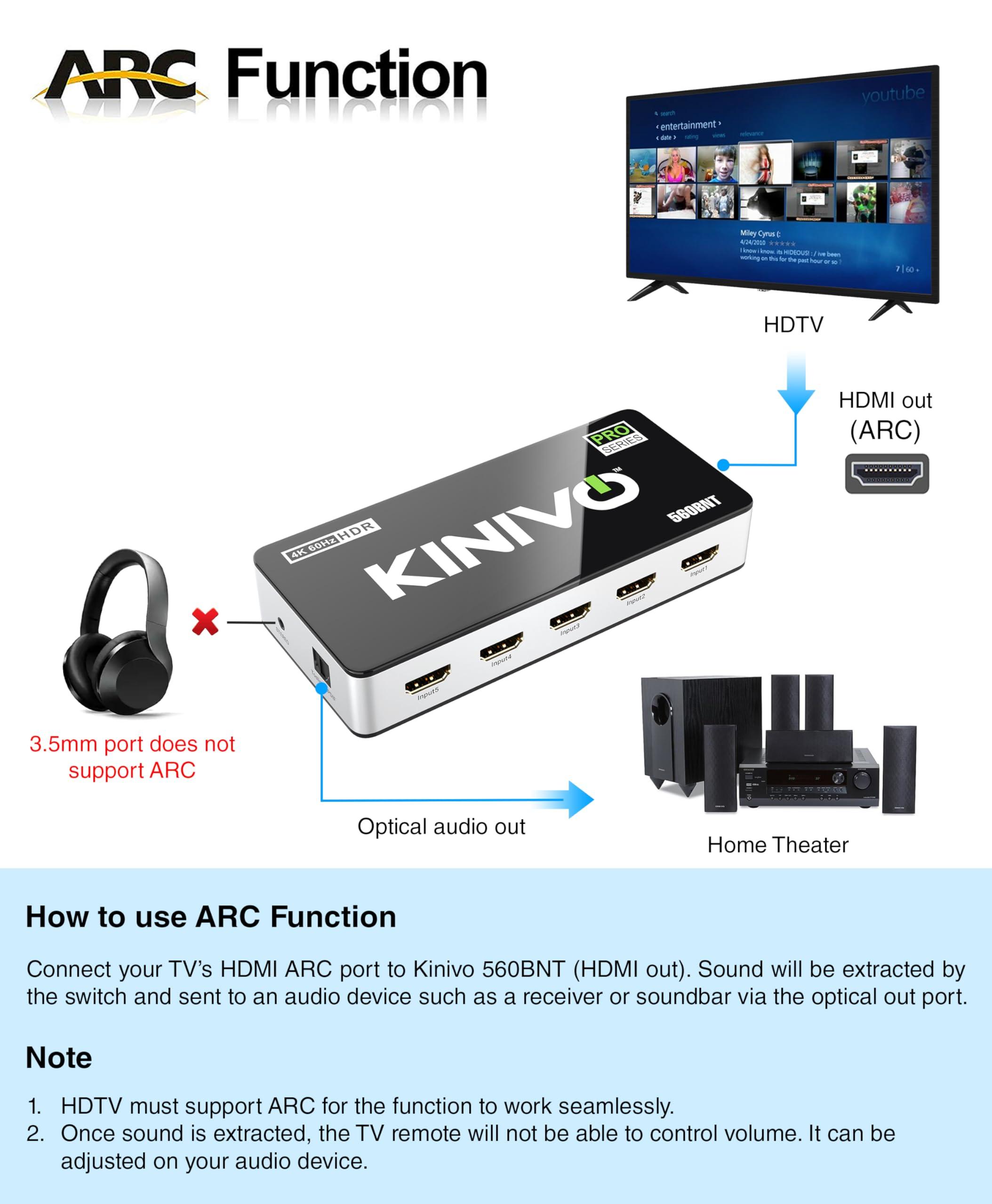 Kinivo Kinivo HDMI Switch with Audio Extractor 560BNT (5 in 1 Out Hub, Toslink Optical Audio Port, SPDIF, 4K 60Hz Switcher, 18Gbps, IR Remote) - Compatible with Gaming Console, Cable TV, PC, Dolby Digital