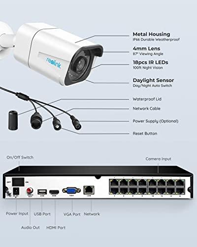 REOLINK REOLINK 4K Security Camera System, RLK16-800B8 8pcs H.265 PoE Wired with Person Vehicle Detection, 8MP/4K 16CH NVR with 4TB HDD for 24-7 Recording
