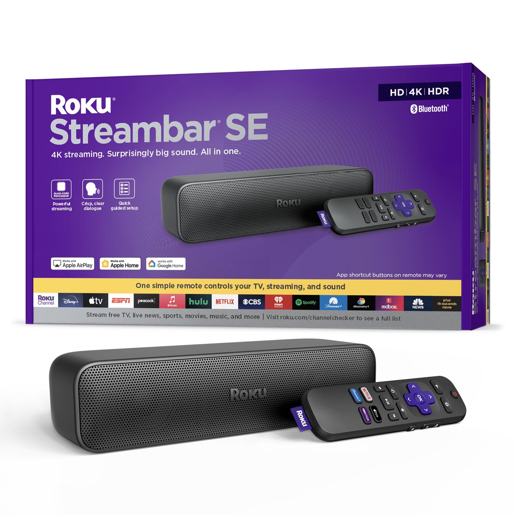Roku Roku Streambar SE | 2-in-1 TV Soundbar with Built-in 4K/HD/HDR Streaming, Premium Speakers, & Enhanced Speech Clarity for Crisp, Clear Dialogue - Quick Guided Simple Setup