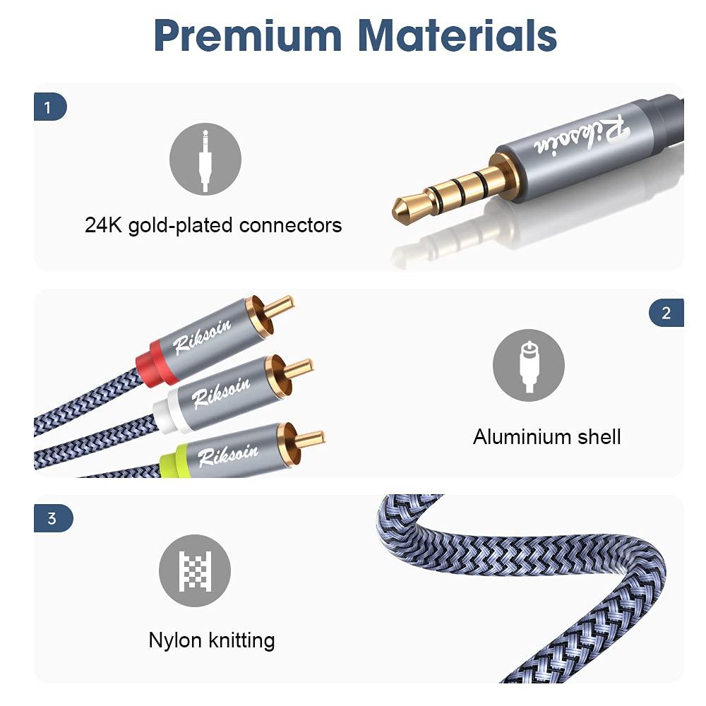 RIKSOIN RIKSOIN 3.5mm to 3 RCA Audio Video Cable, 6.6FT/2M 3.5mm to 3-Male RCA Adapter Stereo AUX Cord AV Cable for MP3, Camcorders, Tablet, Speaker, Home Theater, DVD Player & More (Grey)