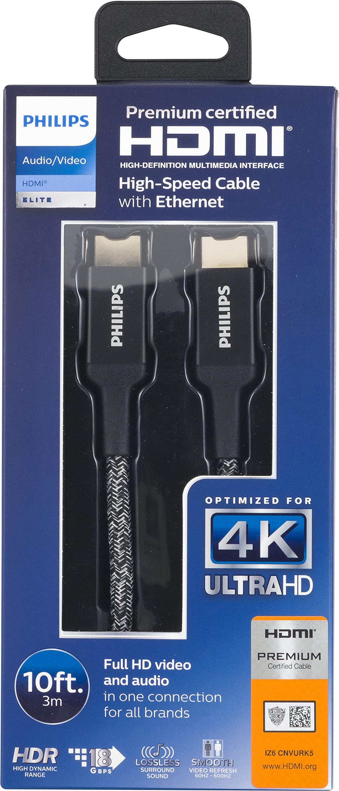 Philips Philips Elite Premium Certified High-Speed HDMI Cable with Ethernet, 10 ft. 1080p 120Hz 4K 60Hz, 18Gbps, for TV, Monitor, Laptop, PS5, Xbox One X S SWV6320P/27