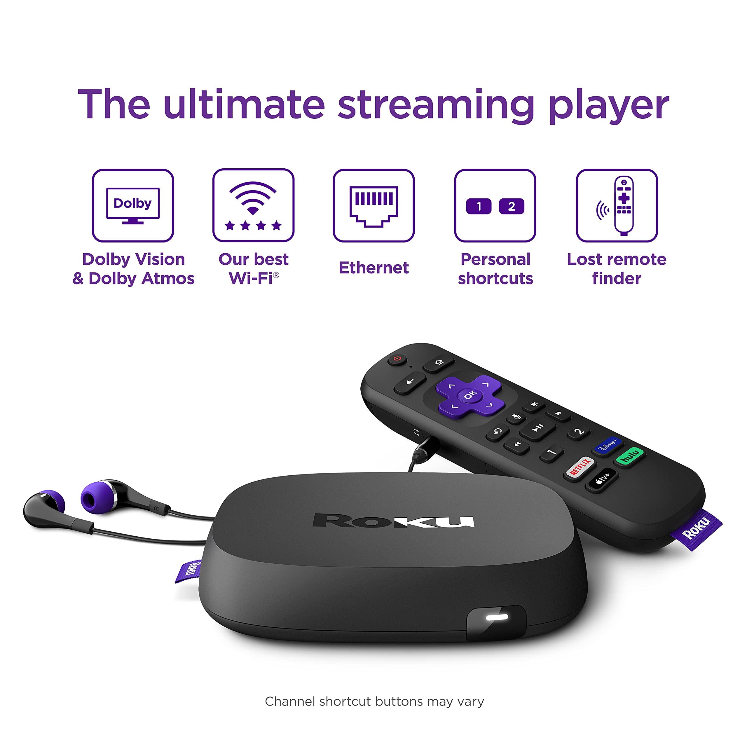 Roku Roku Ultra | Streaming Device HD/4K/HDR/Dolby Vision with Dolby Atmos, Bluetooth Streaming, and Roku Voice Remote with Headphone Jack and Personal Shortcuts, includes Premium HDMI® Cable
