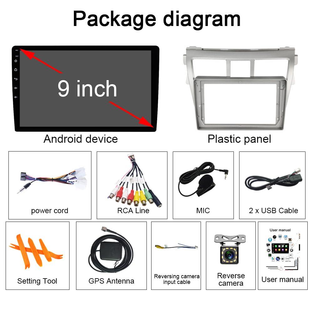 Hac Sa Beach for Toyota Vios Yaris Radio 2007-2012 Android 13 Car Stereo Wireless Apple Carplay Android Auto 9 Inch Touchscreen GPS Navigation Car Audio Receiver Bluetooth SWC Mic (4GB RAM+64GB ROM)