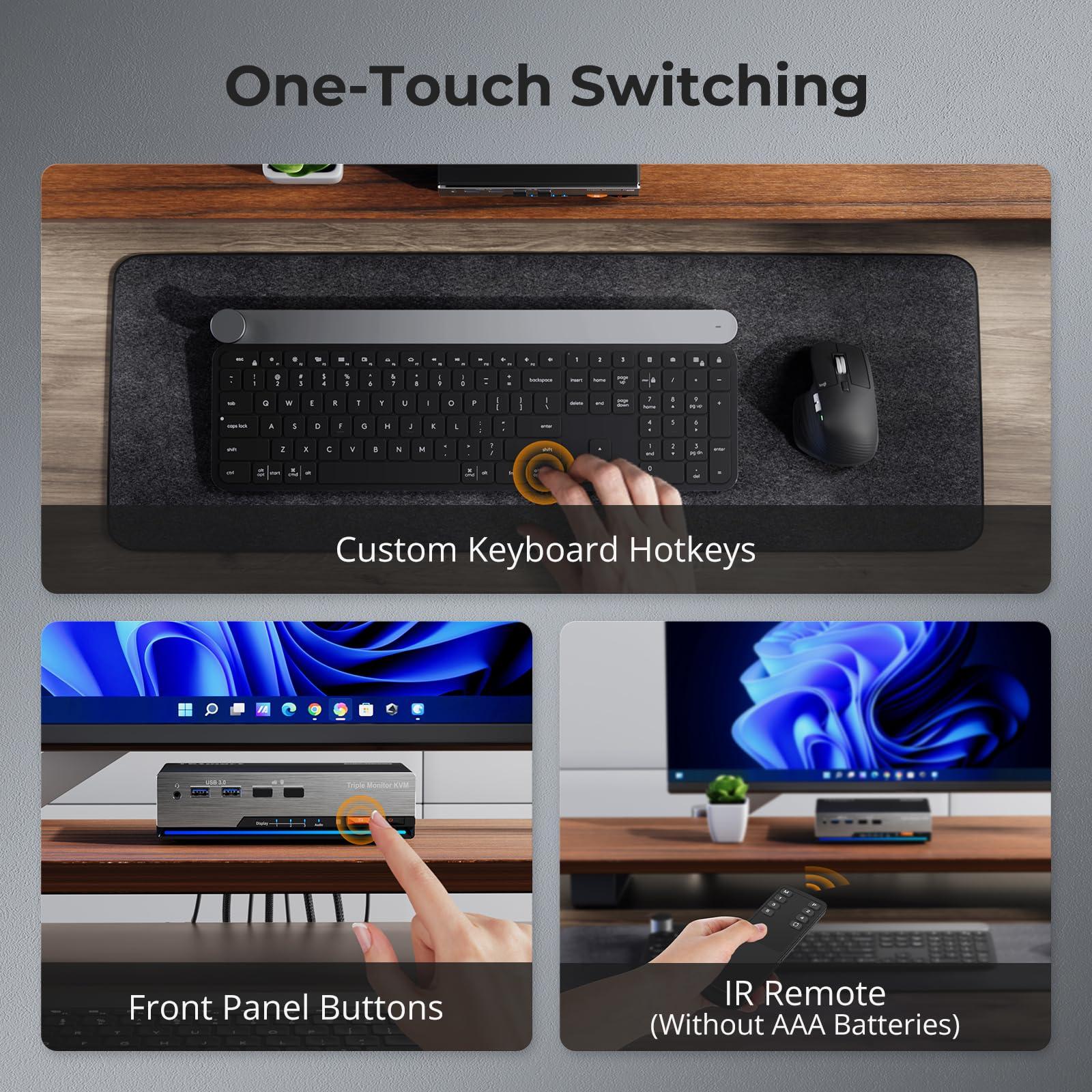 TESmart TESmart HDMI KVM Switch 3 Monitors 2 Computers 4K@60Hz, USB 3.0 KVM Switch Triple Monitor 2 Ports HDMI, Support EDID, 1G Ethernet, Hotkey Switch, Audio&Microphone for Gaming & Home Office