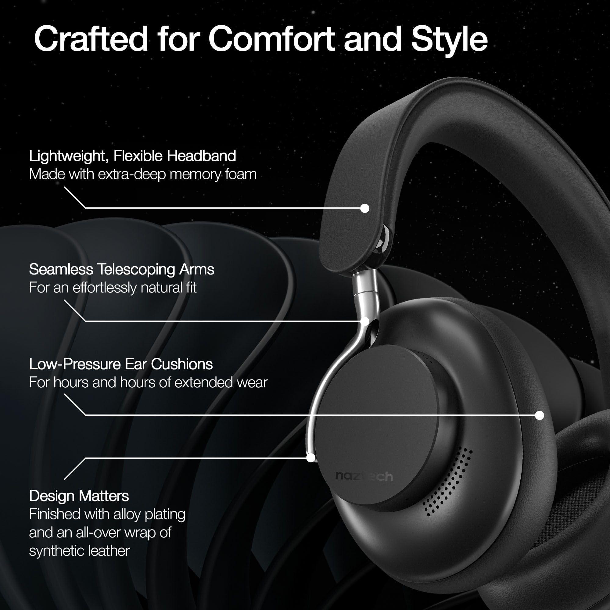 Naztech Naztech Aura 360 Midnight 24HR ANC Over Ear Headphone Wireless, Noise Cancelling Headphones Over Ear, Bluetooth Headphone Gym, Active Noise Cancelling Head Phones, Multipoint Connection Dual Voice Mic
