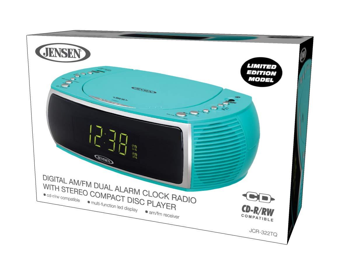 Jensen Jensen Teal Modern Home Audio CD Player Tabletop Stereo Dual Alarm Clock Digital FM Radio | Top-Loading CD/MP3/WMA Player | USB Charging Port 2.1A | Headphone Jack | 0.9 Display Green LED (Renewed)