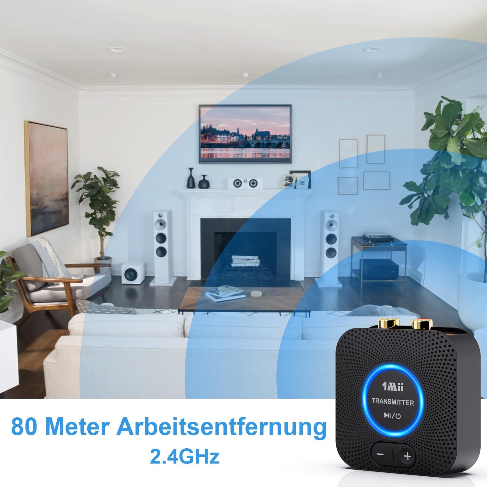 1Mii 1Mii 2.4GHz Wireless Audio Transmitter Receiver Set for TV, 260Ft/80M Long Range 25ms Low Latency with AUX RCA in/Out,Wireless Audio Adapter for TV PC Powered Speaker Amplifier Soundbar