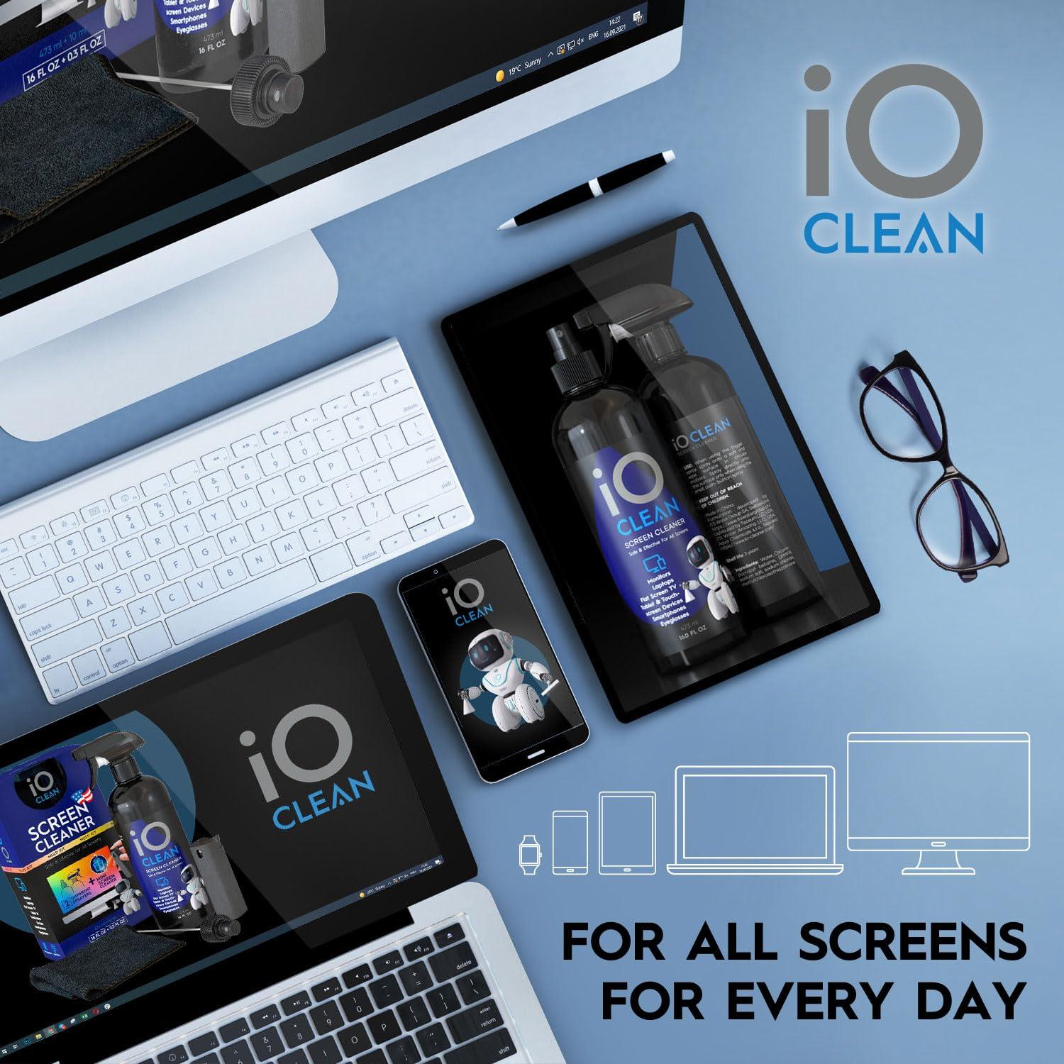 iO CLEAN Screen Cleaner Spray (16oz - 473ml) Best Large Cleaning Kit for LCD LED OLED TV, Smartphone, iPad, Laptop, Touchscreen, Computer Monitor, Electronic Devices, 3 Microfiber Cloths and 2 Nozzles