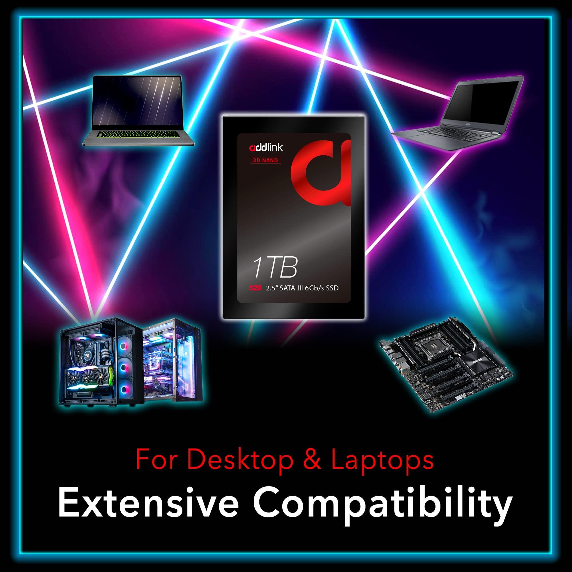 Addlink Addlink S20 1TB PS4 Compatible SATA III 2.5" Inch Extreme Quality Internal SSD 500MB/s Maximum Speed, Perfect HDD Replacement/Upgrade for Laptops, PCs & Sony PS4 (ad1TBS20S3S)