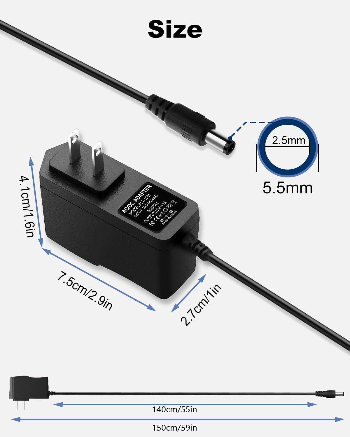 Arybroourd DC 12V 1A Power Supply 12W AC Adapter 100-240V 50-60Hz Wall Adapter AC to DC 12 Volt 1 Amp Transformer & 1 Tip, Power Cord Tip Size 5.5mm x 2.5mm