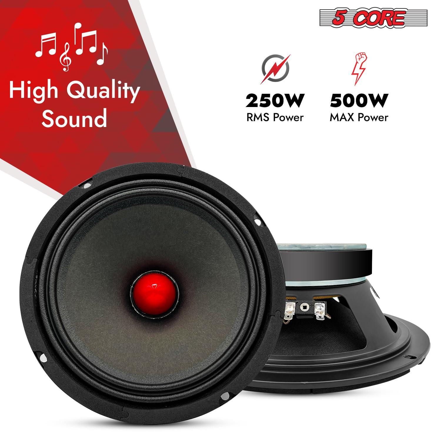 5 CORE 5 CORE 8 Inch Mid Range Bullet Pro Audio Car Speaker 2PCS Red Aluminium Bullet Loudspeaker 580W Max 8 Ohms - Premium Quality Audio Door Speakers for Car or Truck Stereo Sound System MR 8 BLT 8oHM 2PCS