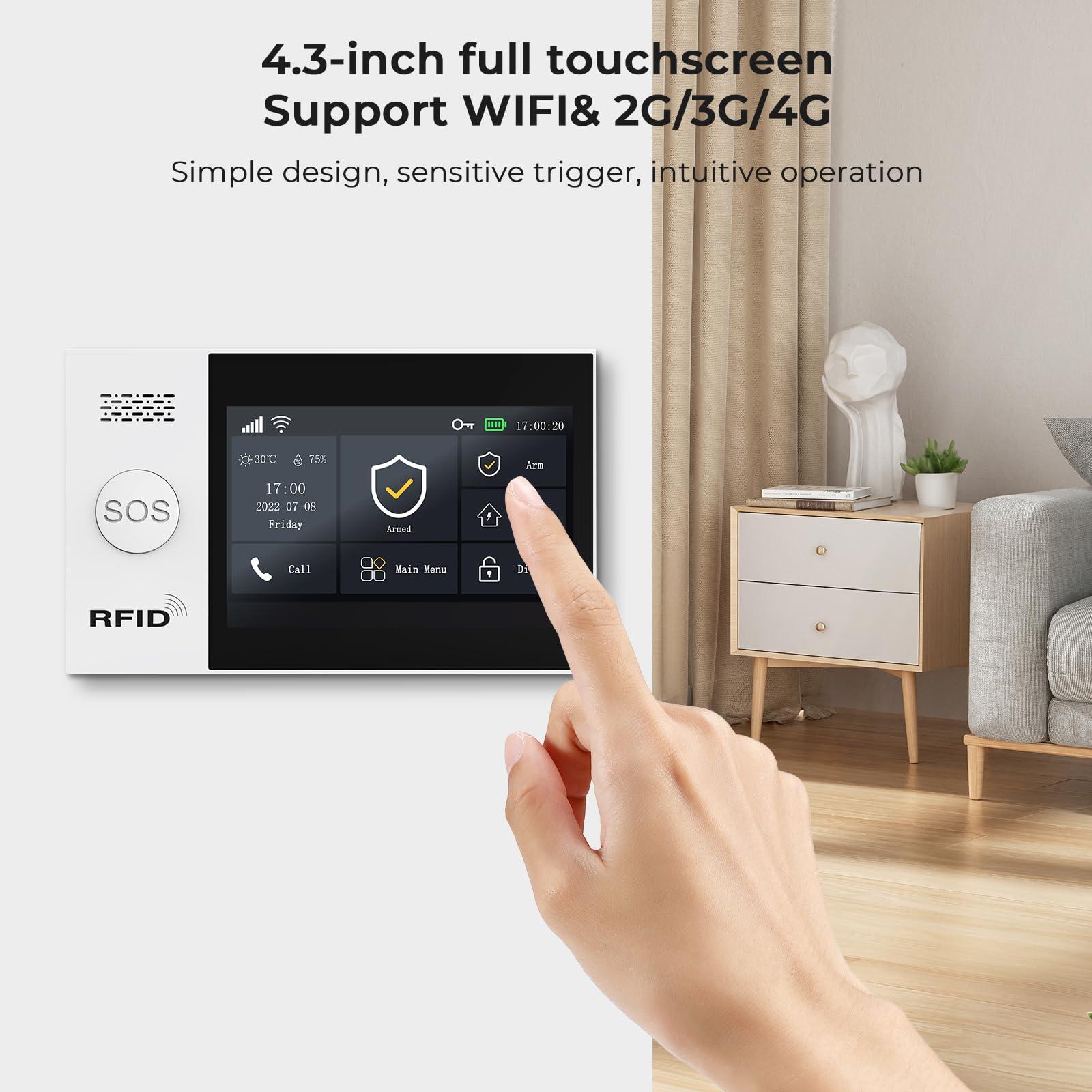 Clouree Touch Screen Alarm System for Whole House Security, WiFi Wireless Home Alarm 20 Piece Kit with Siren, PIR Motion Sensor, Remote Controls, Window/Door Sensor,Support SMS Push