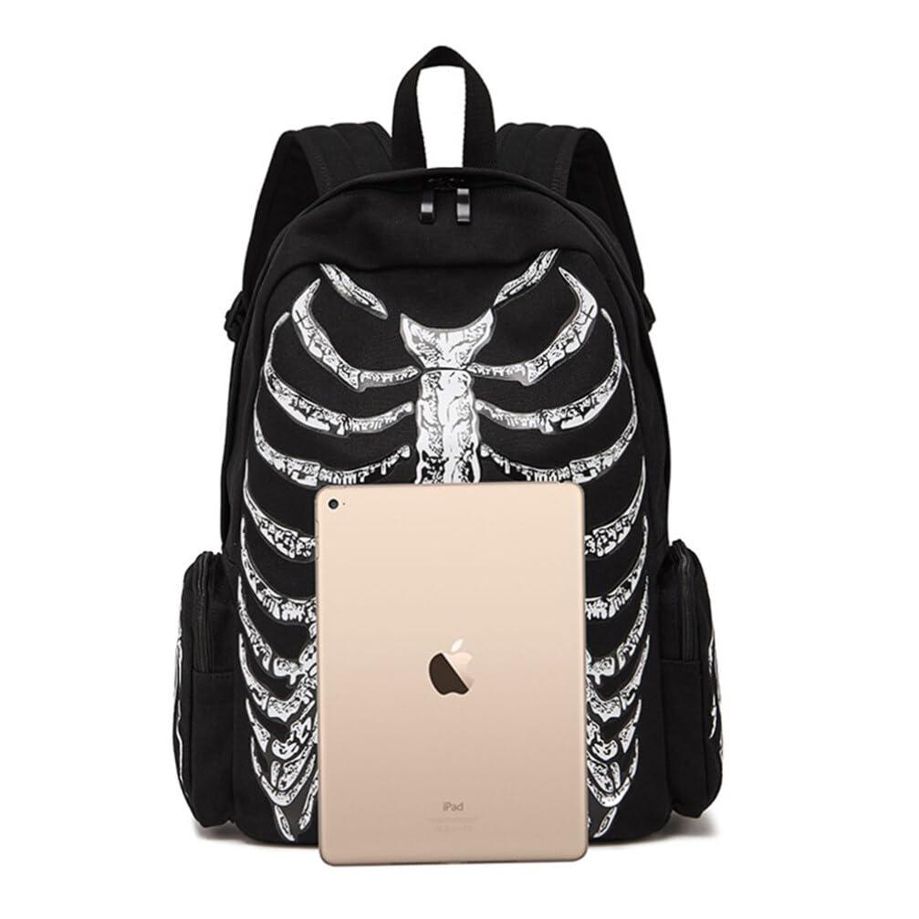 VALICLUD VALICLUD Punk Style Shoulder Bag Gothic Backpack Ribcage Skeleton Canvas Skull Laptop Bag Halloween Goth Accessories for Men Women Canvas Casual Daypack