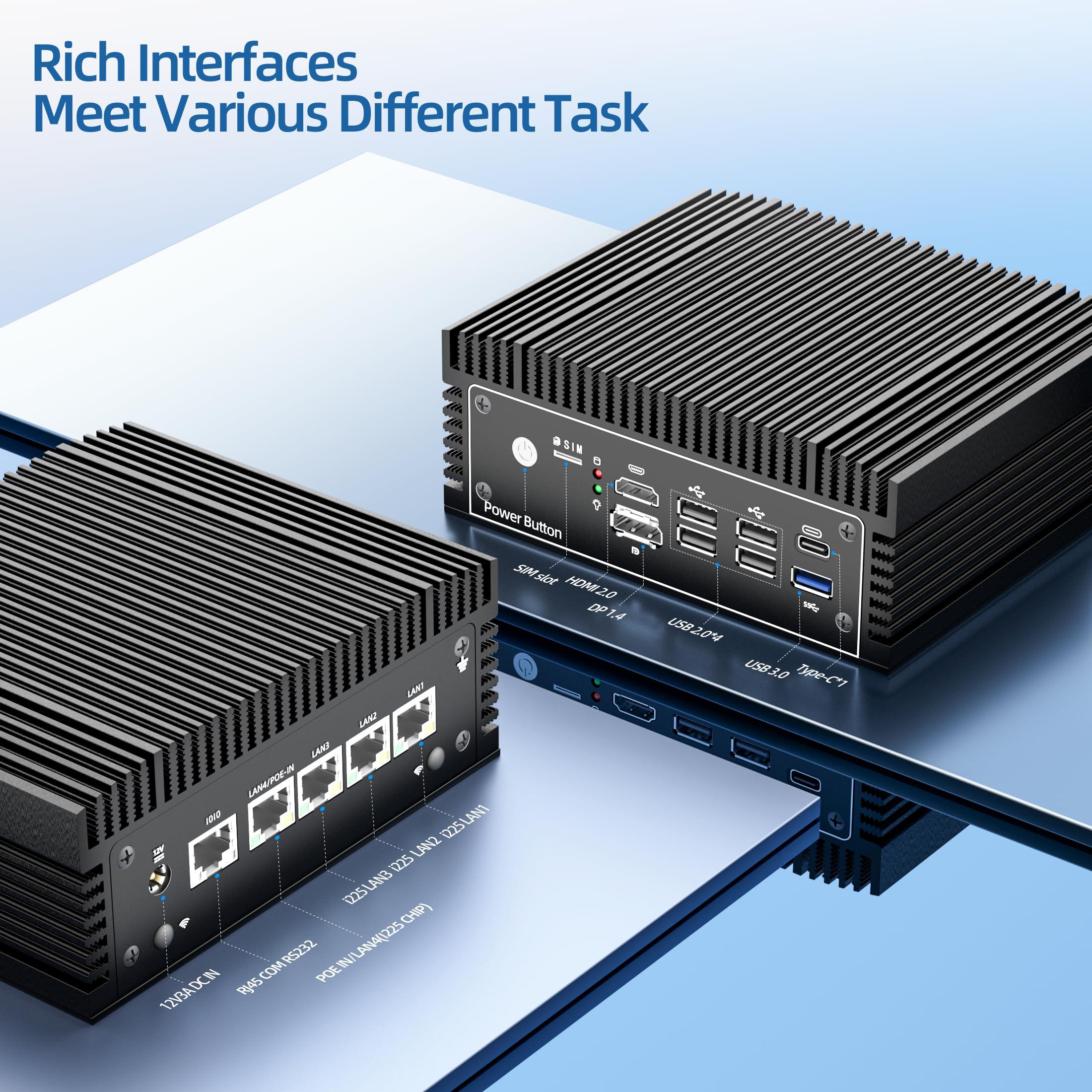 NEOSMAY Fanless N100 Industrial Mini PC Micro Firewall Appliance, 4 * 2.5Gbe i225 LAN Ports POE in Mini Computer 8GB DDR4 RAM 128GB SATA SSD, USB-C/5*USB/SIM Slot/HD+DP/Home Network Pfsense Router