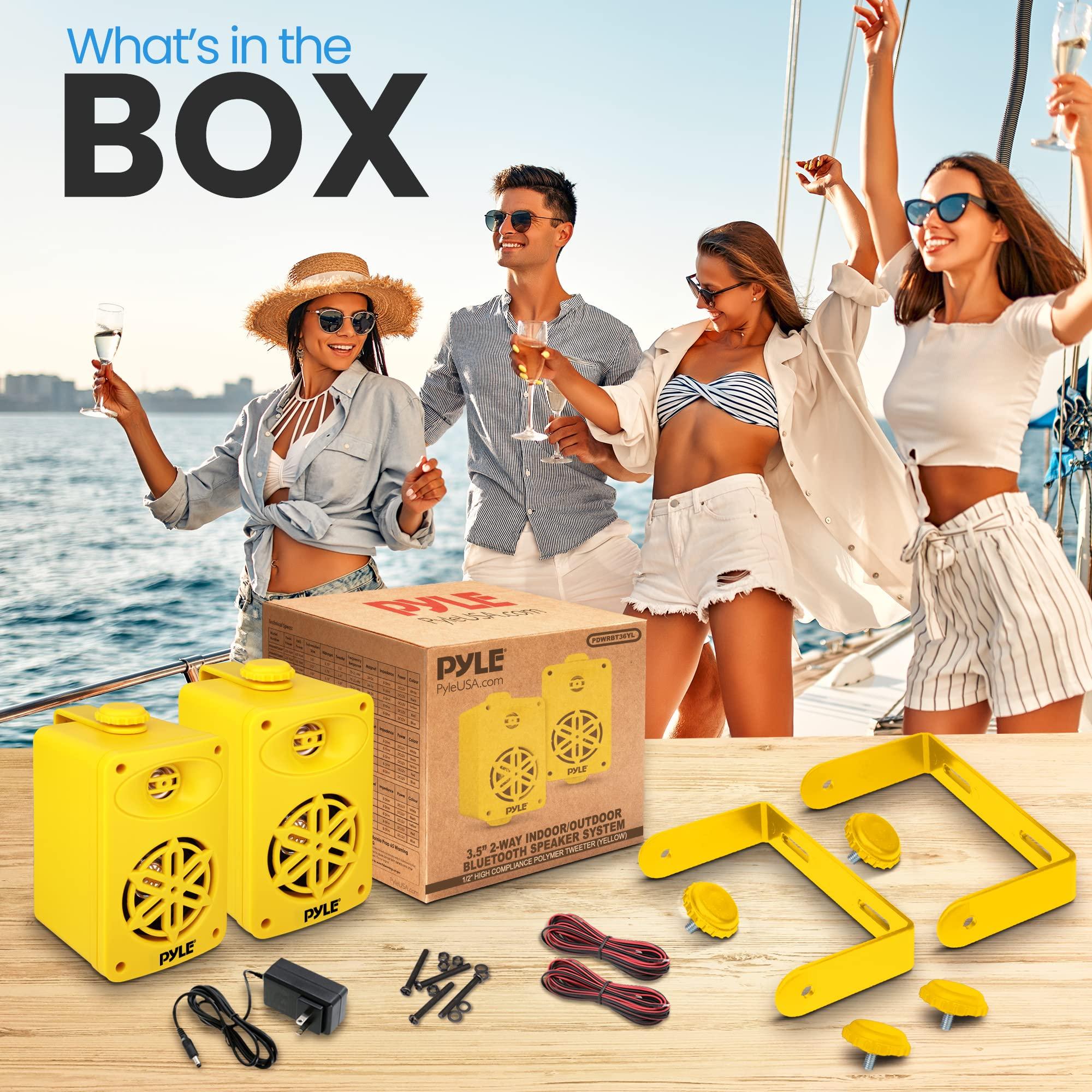 Pyle Pyle Bluetooth Indoor Outdoor Speakers Pair-200 Watt Dual Waterproof 3.5 2-Way Full Range Speaker System w/ 1/2 High Compliance Polymer Tweeter-Home, Boat, Marine, Deck, Patio, Poolside - PDWRBT36YL