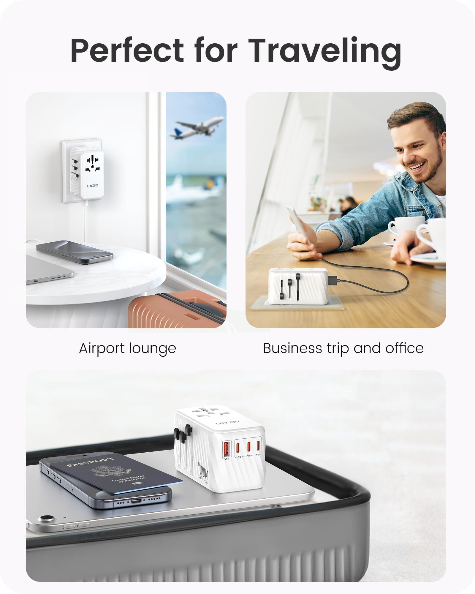 LENCENT LENCENT 140W Universal Travel Adapter, International Plug Adaptor, GaN Fast Charger with 3 PD3.1 Type C+1 QC USB A, All in One Travel Essentials, Worldwide Plug Adapter for USA/UK/EU/AU, White