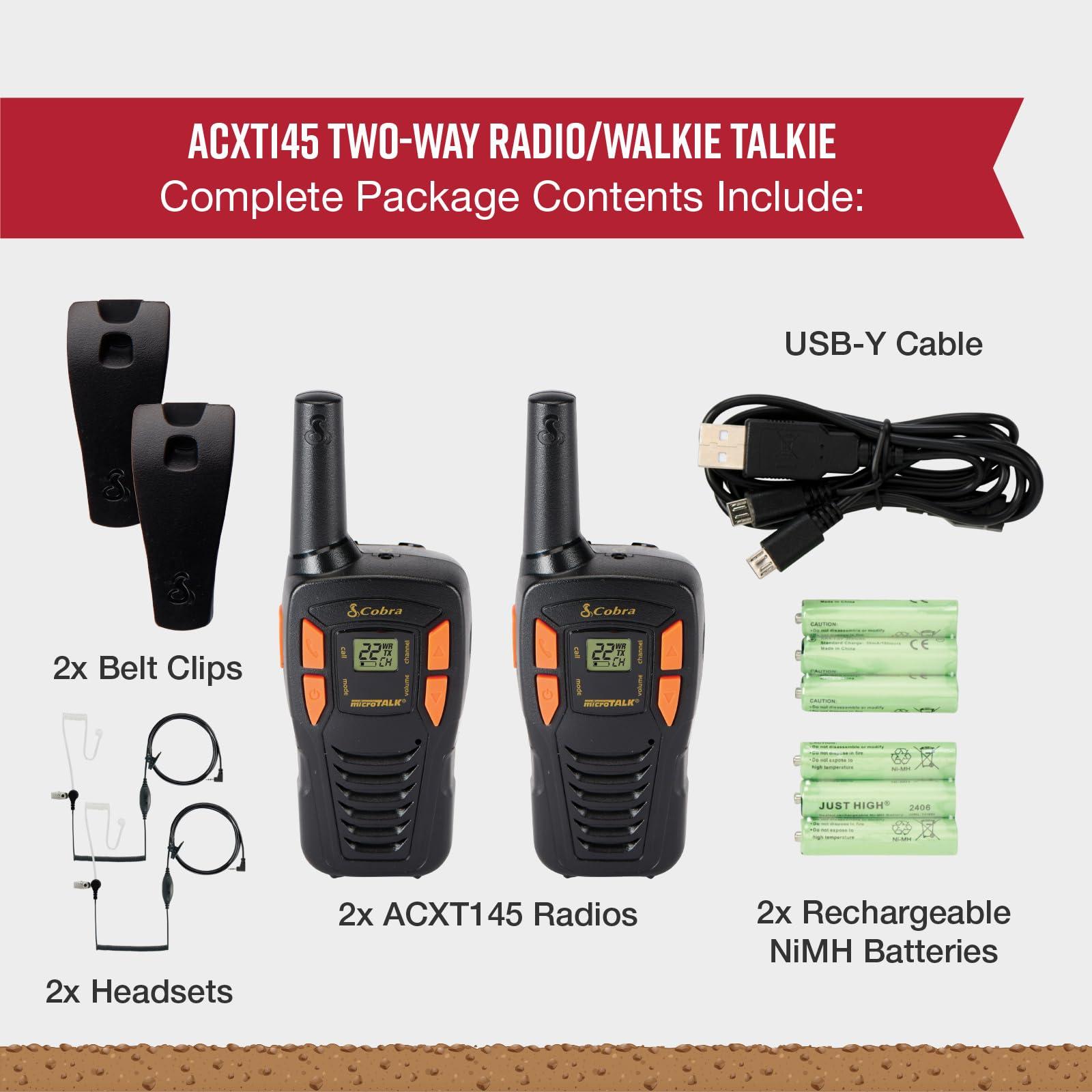 Cobra Cobra ACXT145 Compact and Lightweight Walkie Talkies for Adults & Compatible Cobra Surveillance Headset: Rechargeable, 22 Channels, Long-Range, 2 Two-Way Radios, 2 Headsets, Black/Orange