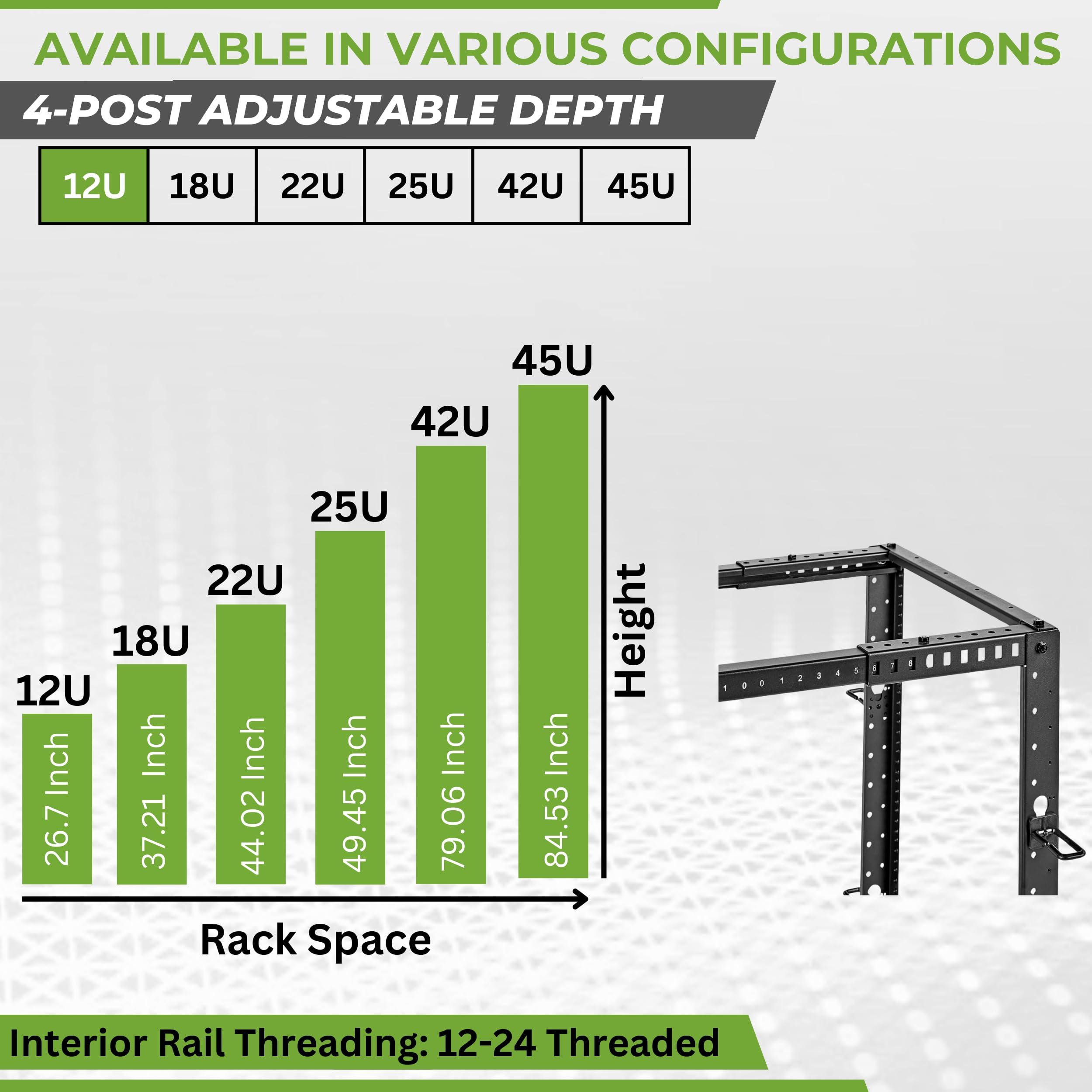 NavePoint NavePoint 12U 4 Post Server Rack Open Frame Rack for 19 Inch Equipment, Adjustable Depth 4-Post Network Rack with Casters Wheels, 12U Server Rack 1320lbs Capacity, Black