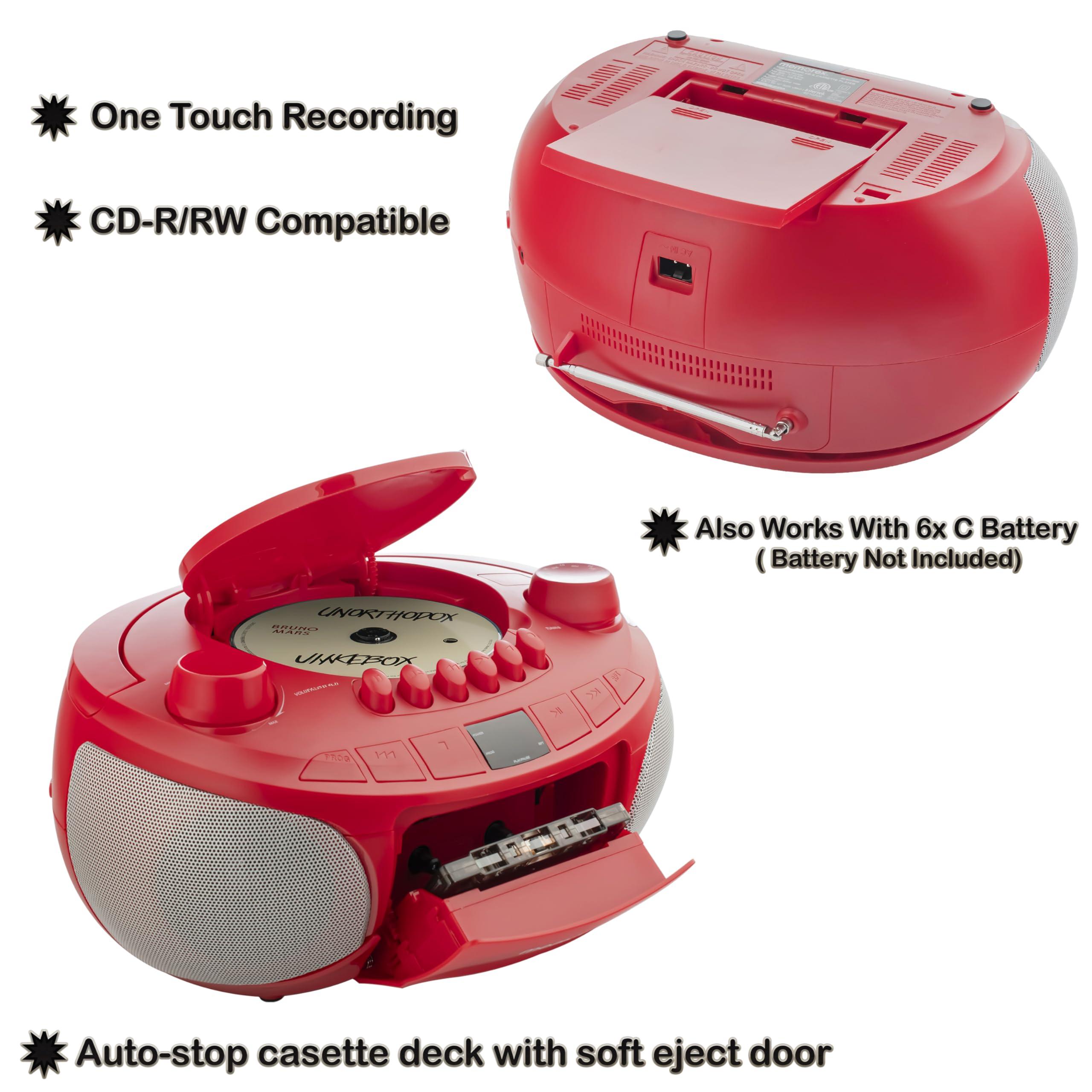 Memorex Memorex AM/FM Top Loading Cassette CD Player | Portable Stereo with Programmable Memory | Auxiliary Input, Auto-Stop Deck and LED Display (Red)