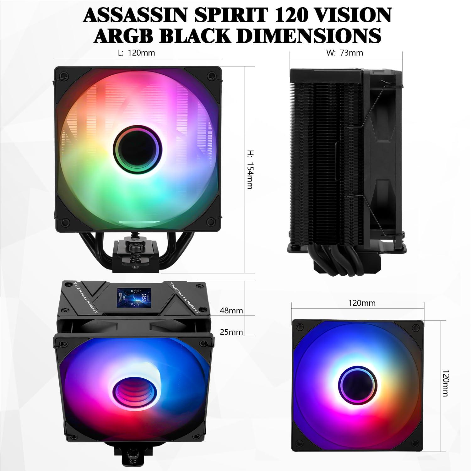 Thermalright Thermalright Assassin Spirit 120 Vision ARGB Black, with Black Top Cover, CPU Air Cooler, PC Cooling,240 * 240 Resolving Power IPS LCD Screen,Editable,with 1.54in for Intel lga1851/1700/115X,AM4/AM5