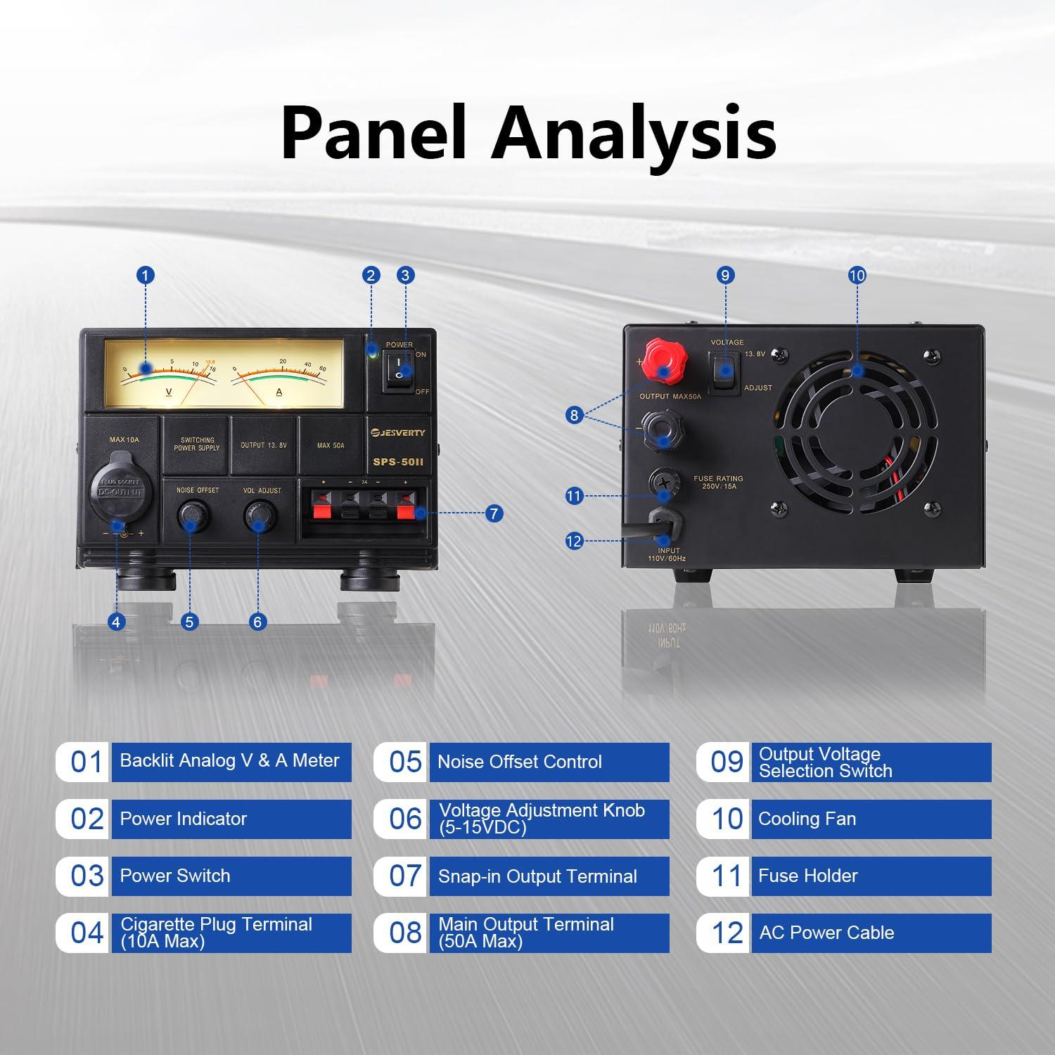 Jesverty Universal Compact Bench Power Supply- 50 Amp Regulated Home Lab Benchtop AC-to-DC Converter 13.8 Volt/9-15Volt, Cooling Fan, Screw Type Terminals - Jesverty SPS-50II