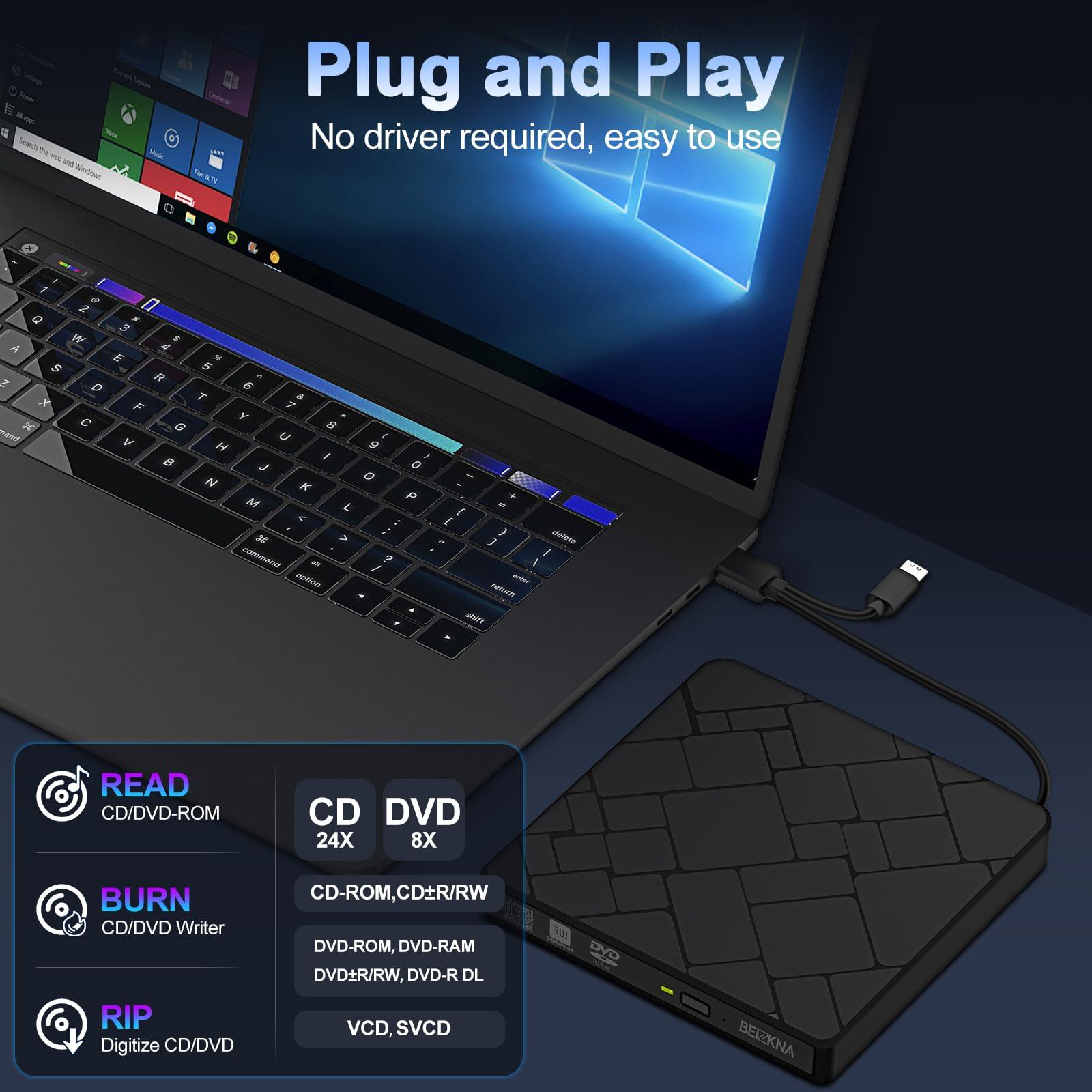 Beizkna External CD DVD Drive for Laptop USB 3.0 & Type-C Portable CD DVD Player for CD ROM +/-RW Burner Reader Writer Optical Disc Drive for Laptop Desktop PC Windows 11/10 Linux Mac OS Apple MacBook Pro