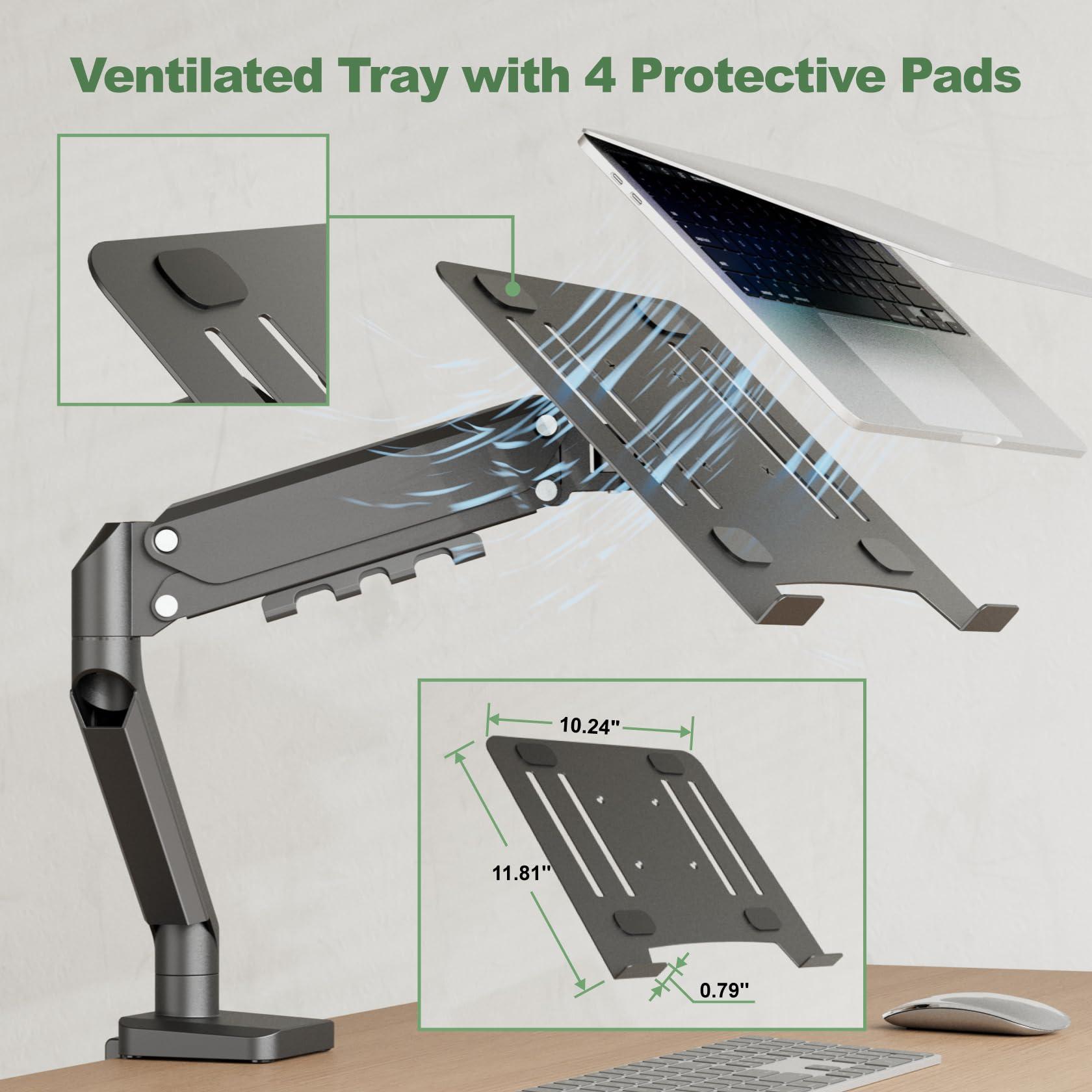 UPGRAVITY UPGRAVITY Laptop Mount, 2-in-1 Gas Spring Laptop Arm for 12\"-17\" Notebook/13-32 Computer Screen, Holds 3.3-17.6lbs, Full Motion Adjustable Laptop Desk Mount with Tray, Clamp-on and Grommet Base