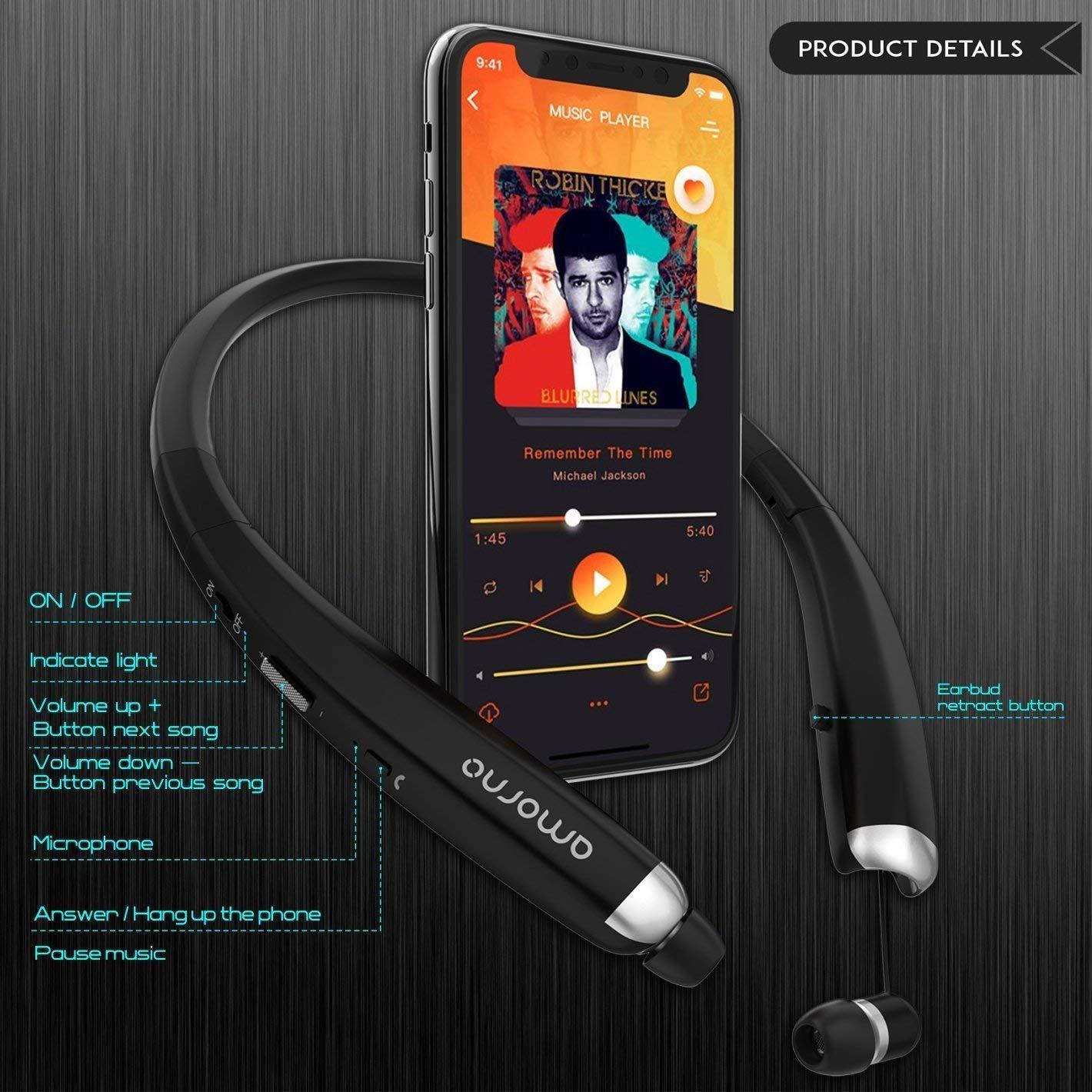 AMORNO AMORNO Foldable Bluetooth Headphones, Wireless Neckband Sports Headset with Retractable Earbuds, Sweatproof Noise Cancelling Stereo Earphones with Mic