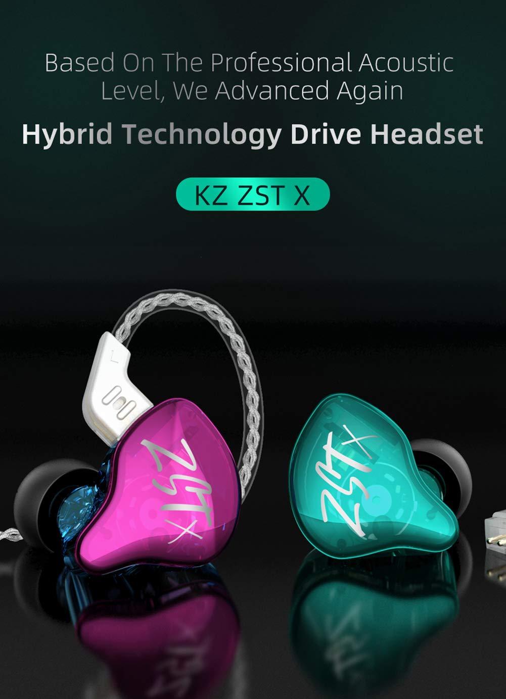 erjigo KZ ZST X in-Ear Monitors, Upgraded Dynamic Hybrid Dual Driver ZSTX Earphones, HiFi Stereo IEM Wired Earbuds/Headphones with Detachable Cable for Musician Audiophile (with Mic, Purple)