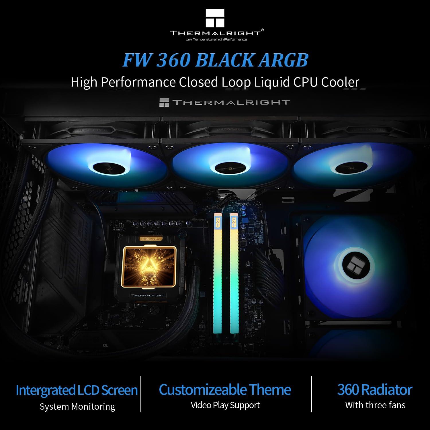 Thermalright Thermalright FW360 Black ARGB CPU Water Cooler with 3 PWM Fans with 2000RPM,IPS LCD Screen with 320x240 Resolution,Liquid CPU Cooler with 2.4in LCD Display,CPU PC Aio Cooler for AM5/Intel LGA1851