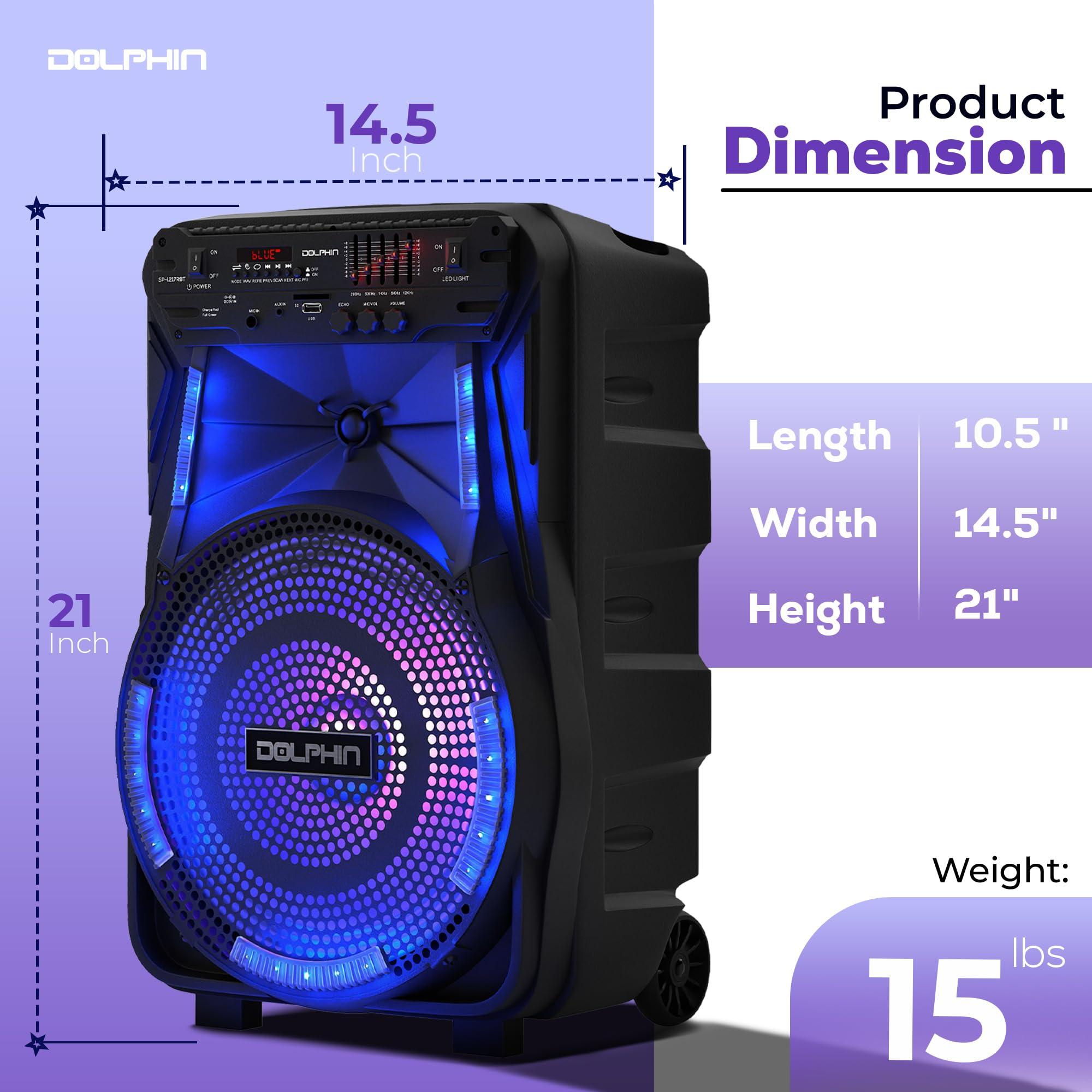 Dolphin Dolphin 12-Inch Rechargeable Bluetooth Party Speaker High Power Sound, TWS Compatibility, LED Lights, 5-Band Equalizer, Portable Design with Trolley and Wheels