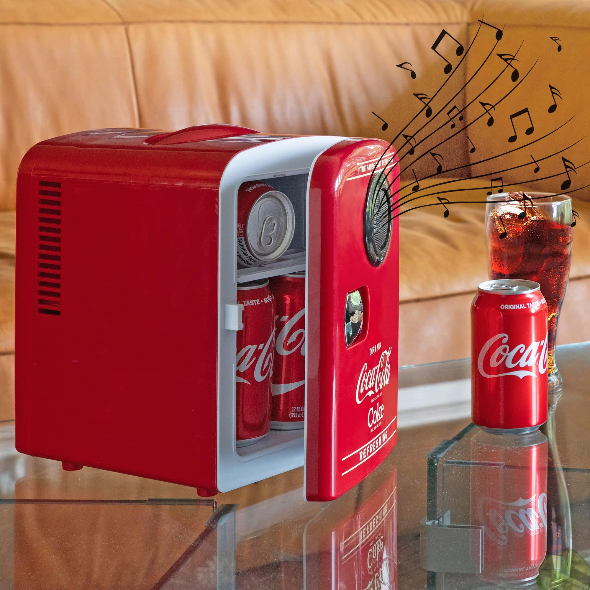 Koolatron Coca-Cola Bluetooth Mini Fridge with Speaker 4L Portable Cooler/Warmer for Home Car RV Iconic Red Design Holds 6 Cans Dual Power Thermoelectric Technology Perfect for Travel and Parties