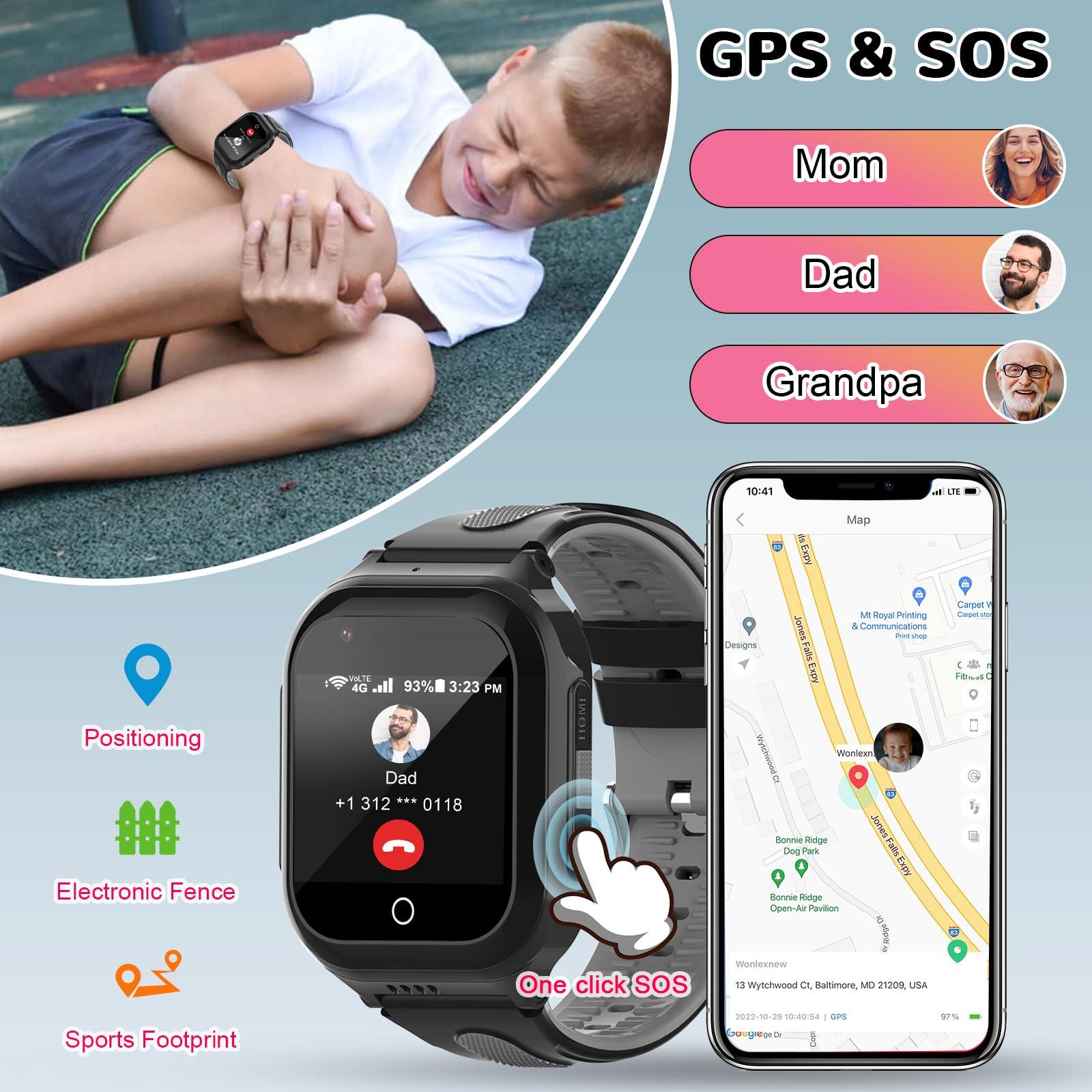 Getfitsoo Wonlex 4G Kids Smartwatch with SIM Card, GPS Smart Watch for Kids, Health Monitor Phone Watch With Temperature, Video Calls, Camera, Pedometer, Alarm, Music Player for Boys Girls Aged 4-15 (Black)