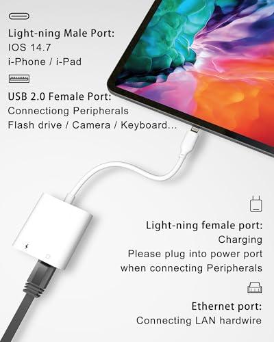 RICHUPON Lightning to Ethernet Adapter with Charging[Apple MFi Certified] RJ45 to Lightning Ethernet LAN Network Adapter, Compatible with iPhone 14 13 12 11/iPadSupports 100Mbps High Speed Ethernet Network