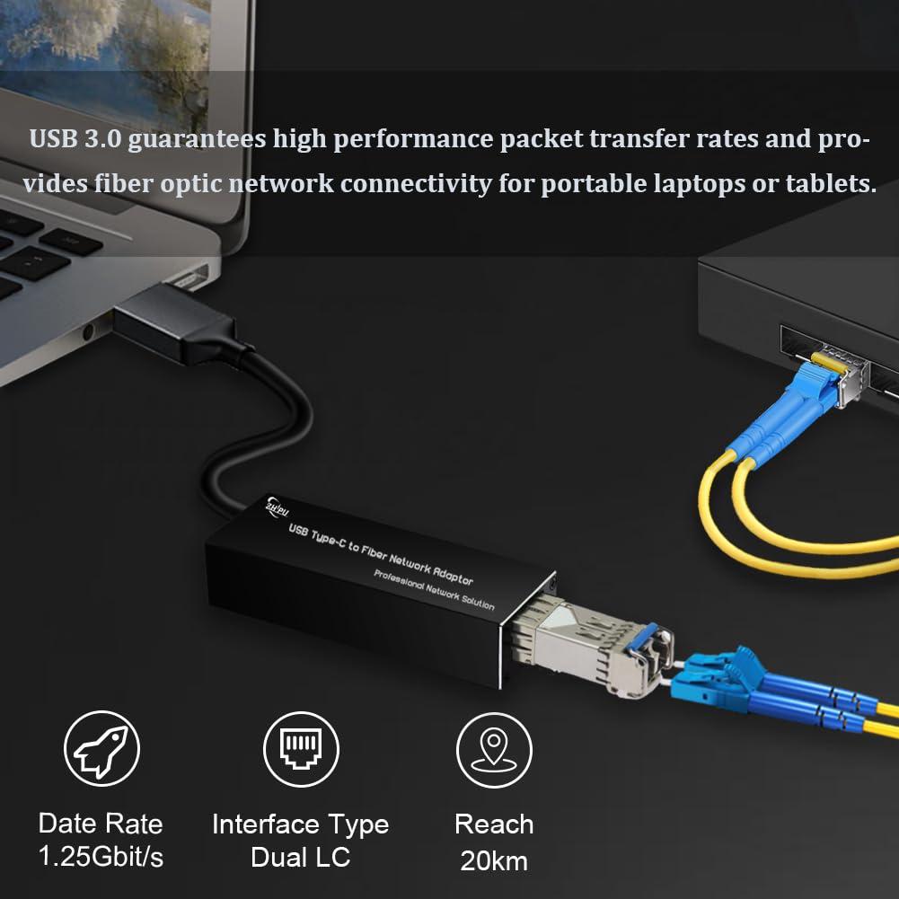 Zhpuostd USB C to Fiber Network Adaptor,USB3.0 Type C to 100/1000base-X SFP Gigabit Network Card,Equipped with a 1.25G Single-Mode Dual-Fiber Module,20km Transmission