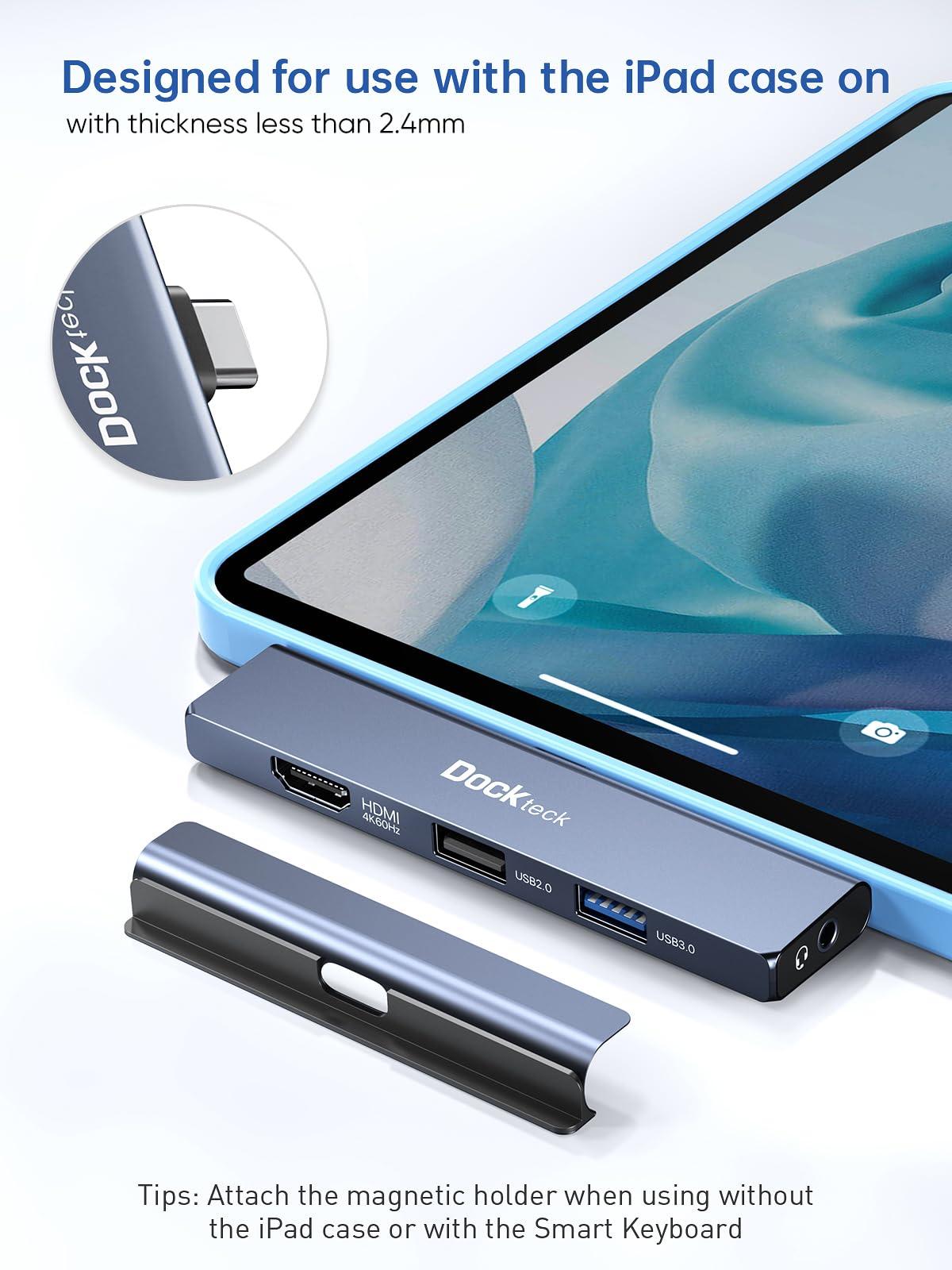dockteck iPad Pro USB C Hub Multiport Adapter - Dockteck USBC Hub 5 in 1 with 100W PD, 4K 60Hz HDMI, Audio, USB 3.0, USB C Dock with Magnetic Grip for iPad Pro 12.9 2021 2020 2018, iPad Air, iPad Mini 6