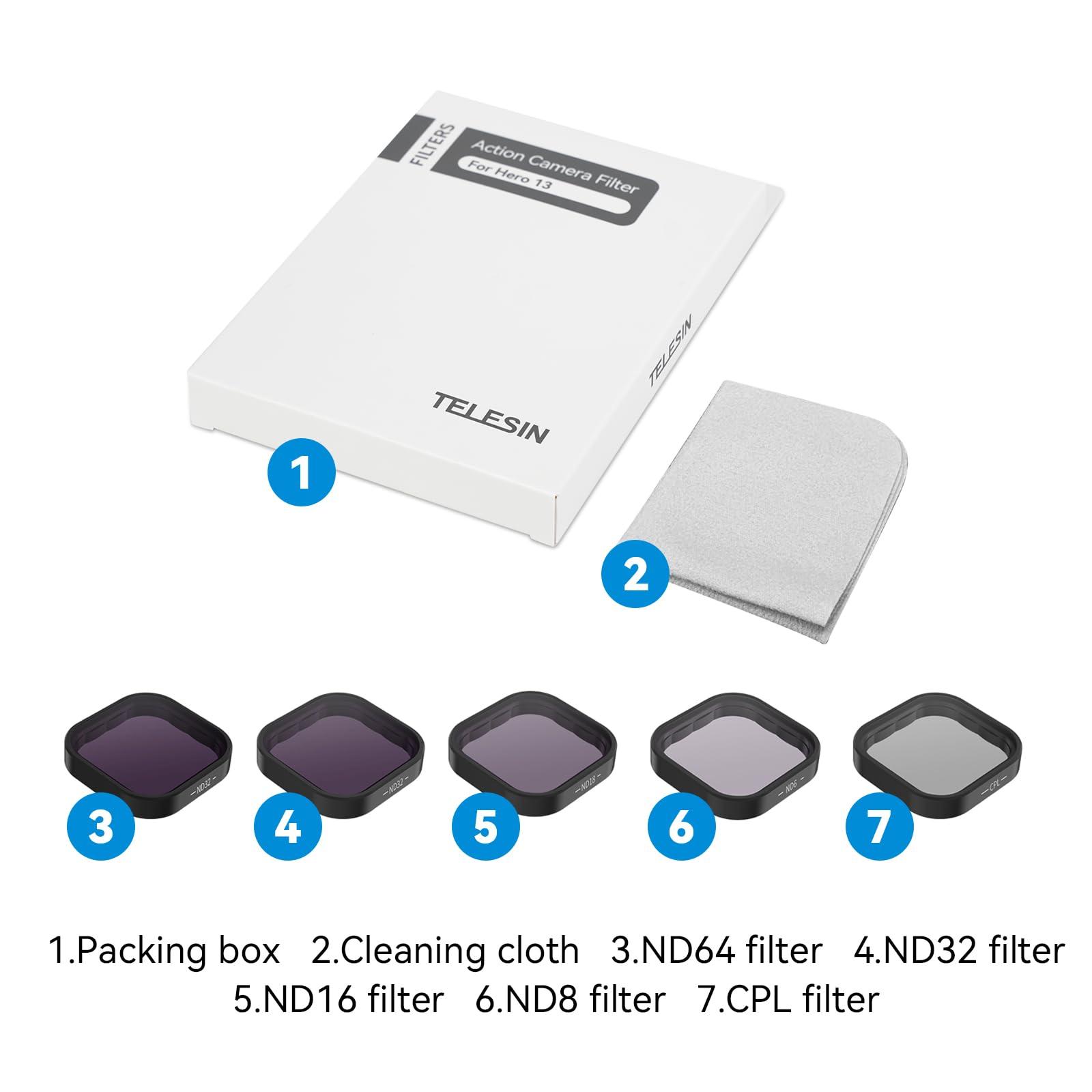 TELESIN TELESIN ND Filter Set 5-Pack CPL ND8 ND16 ND32 ND64 Compatible for GoPro Hero 13 Black, Neutral Density Polarizing Lens Filter Kit Lens Protector Multi-Coated HD Glass for GoPro 13 Accessories