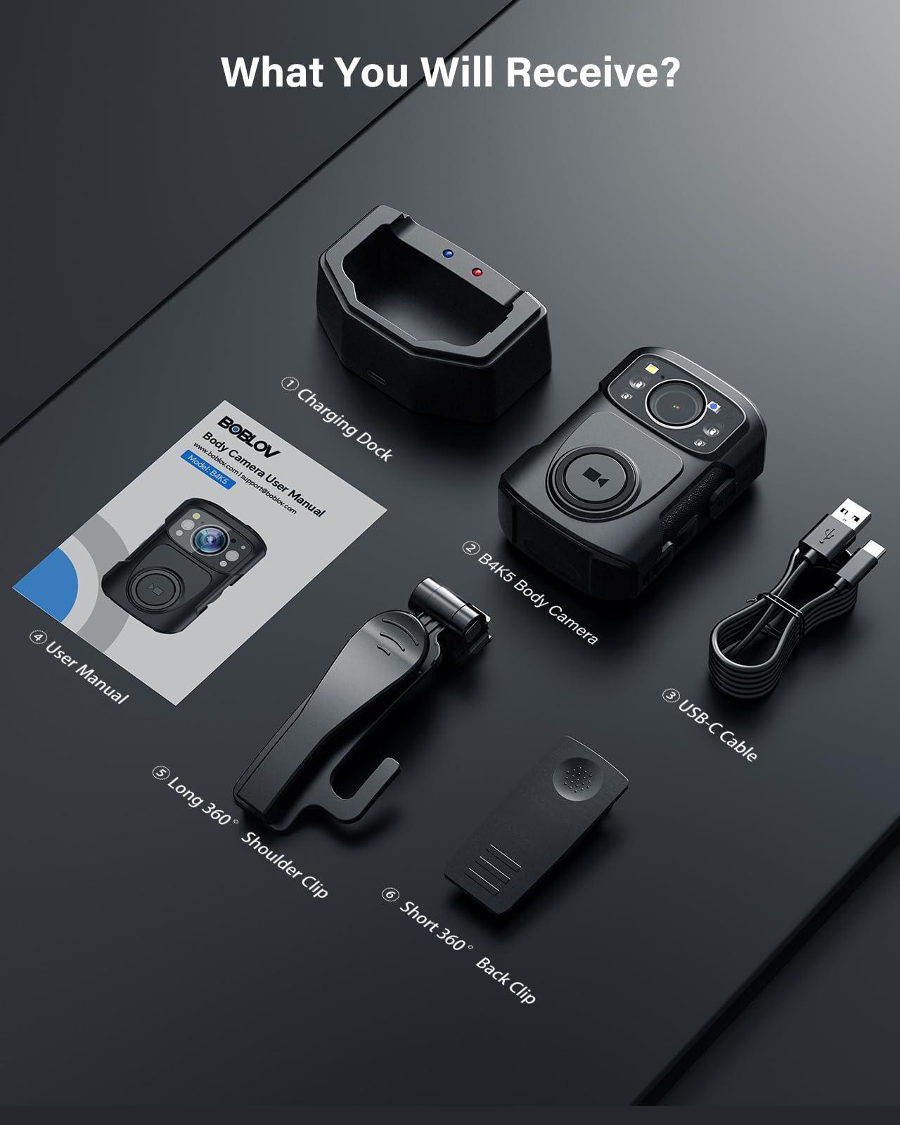 BOBLOV BOBLOV B4K5 4K Body Camera, 3400mAh IP68 Waterproof GPS Police 128GB Body Cams for 11Hrs(1080P Only) Video Record, Provide Charging Dock, Night Vision Video Camcorder for Personal, Guard Civilians