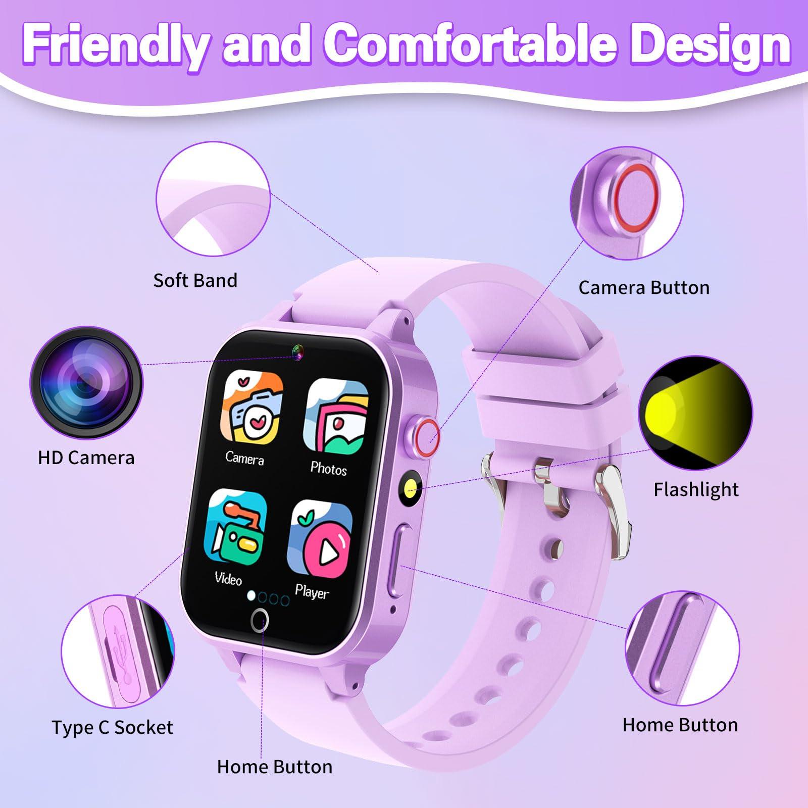 Vakzovy Kids Smart Watch with HD Touchscreen, 26 Games, Camera, Video, Music Player, Pedometer - Educational Gift for Girls Ages 6-12