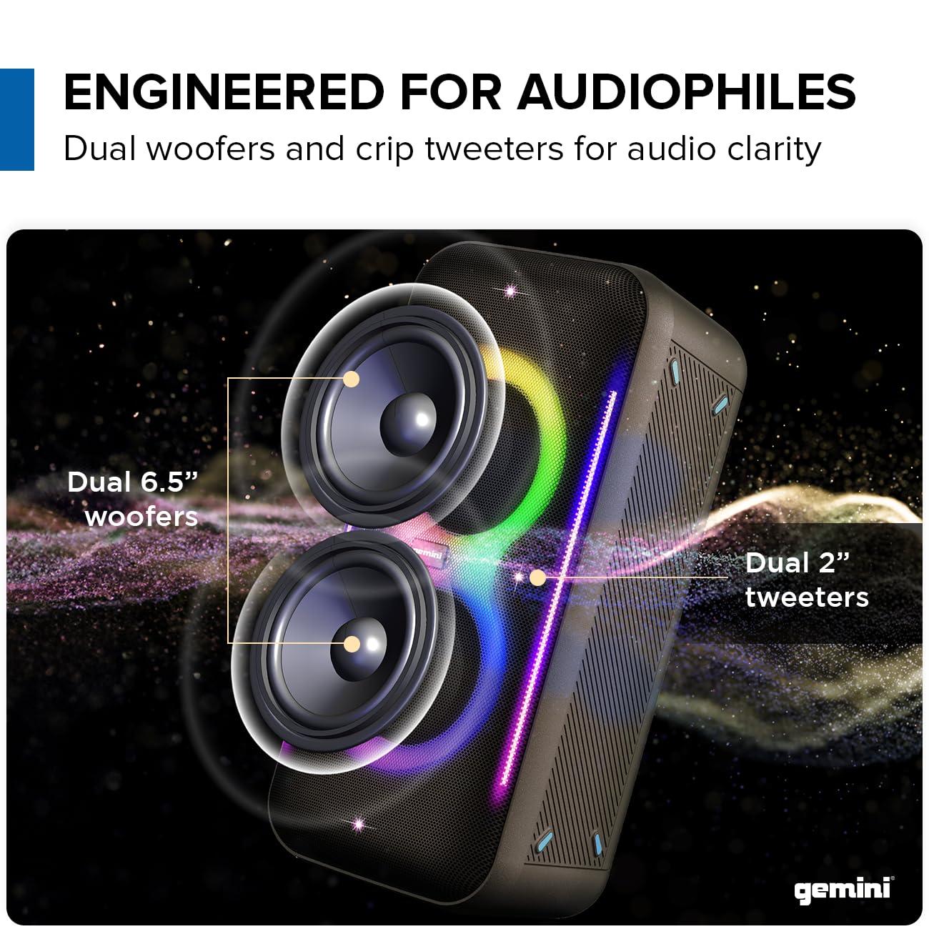 Gemini Sound Gemini UltraRave Duo 400W Bluetooth Party Speaker with Dual 6.5" Woofers, LED Lights, Wireless Mic, and Stereo Pairing for Indoor & Outdoor Events (GRV-2650L)