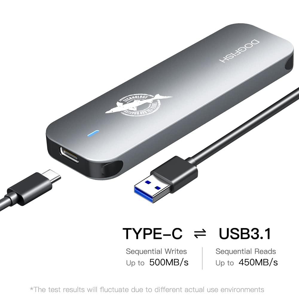 THREE COLOUR DOGFISH Dogfish Portable External SSD 500GB 2242/2260/2280 Ngff Grey Metal USB 3.1 Type-C Ultra-Light Mini Breathable Portable Solid State Drive for Mac/Windows/Android/Linuxup to 8Gbps with LED Indicator