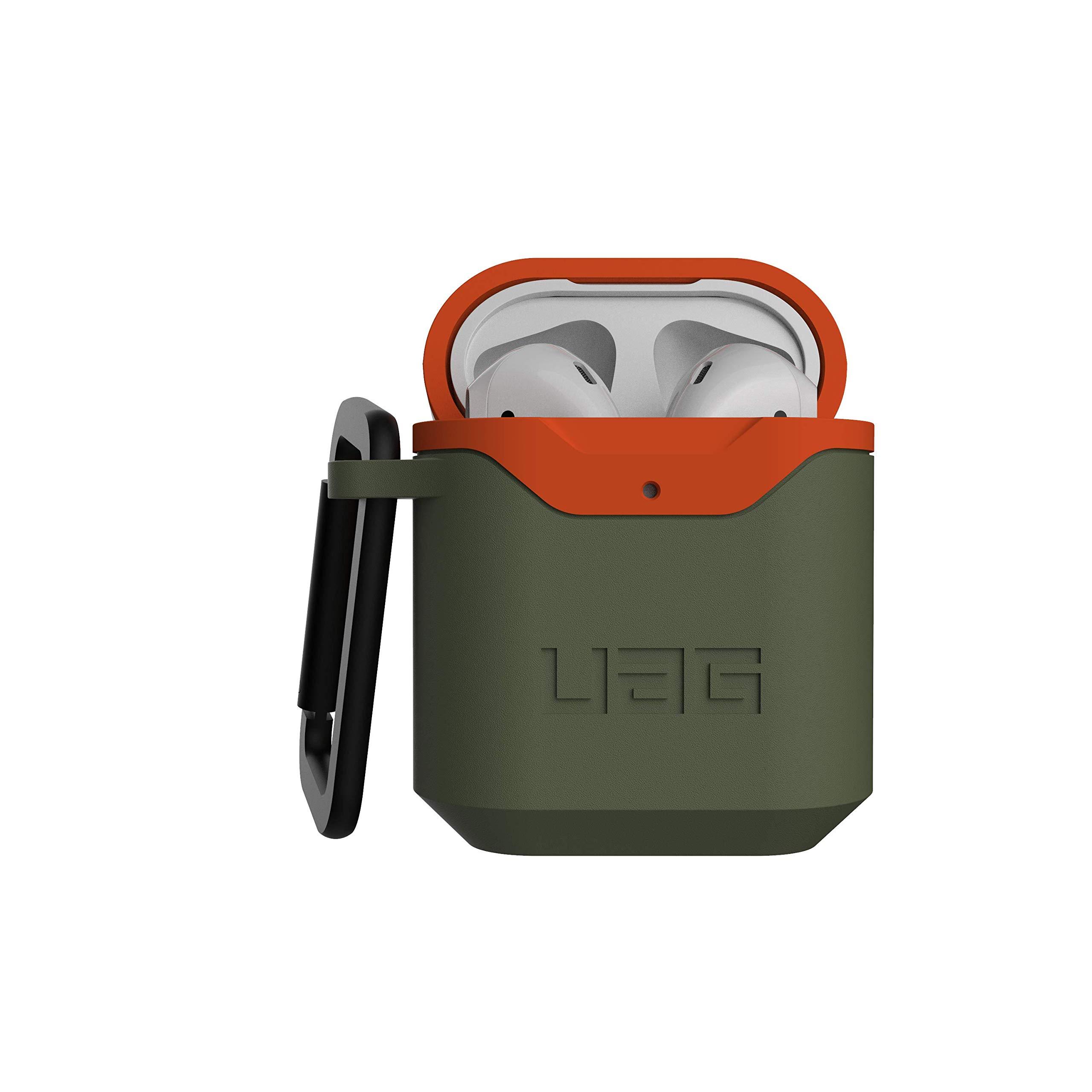 URBAN ARMOR GEAR URBAN ARMOR GEAR UAG Compatible with AirPods (1st & 2nd Gen) Case Full-Body Protective Soft-Touch Silicone Case with Detachable Carabiner, Standard Issue Hard Case_001, Olive/Orange