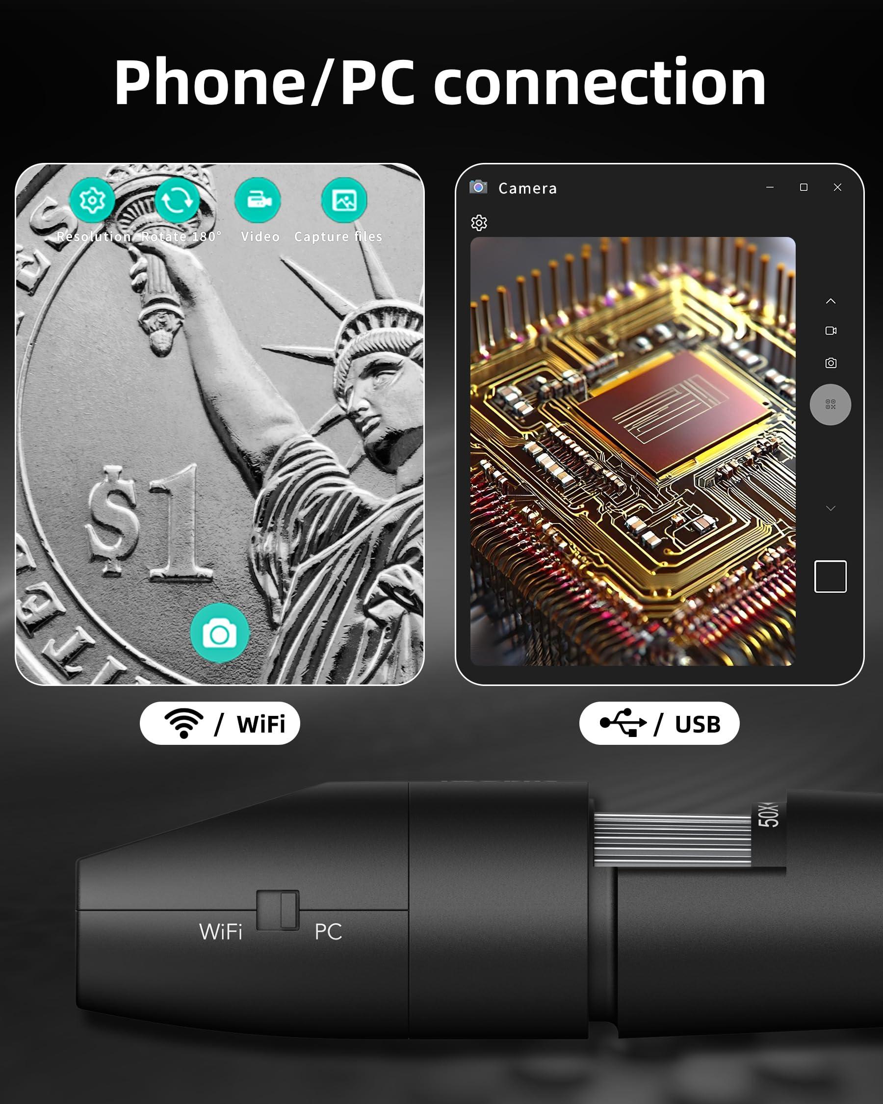 IWOBAC Digital Microscope Wireless Pocket Handheld USB Microscopes, 50x-1000x Zoom Fixed Focus HD Magnifier with LEDs, Inspection Camera Compatible with iPhone, Android Phone, MacBook, Windows PC (Black)