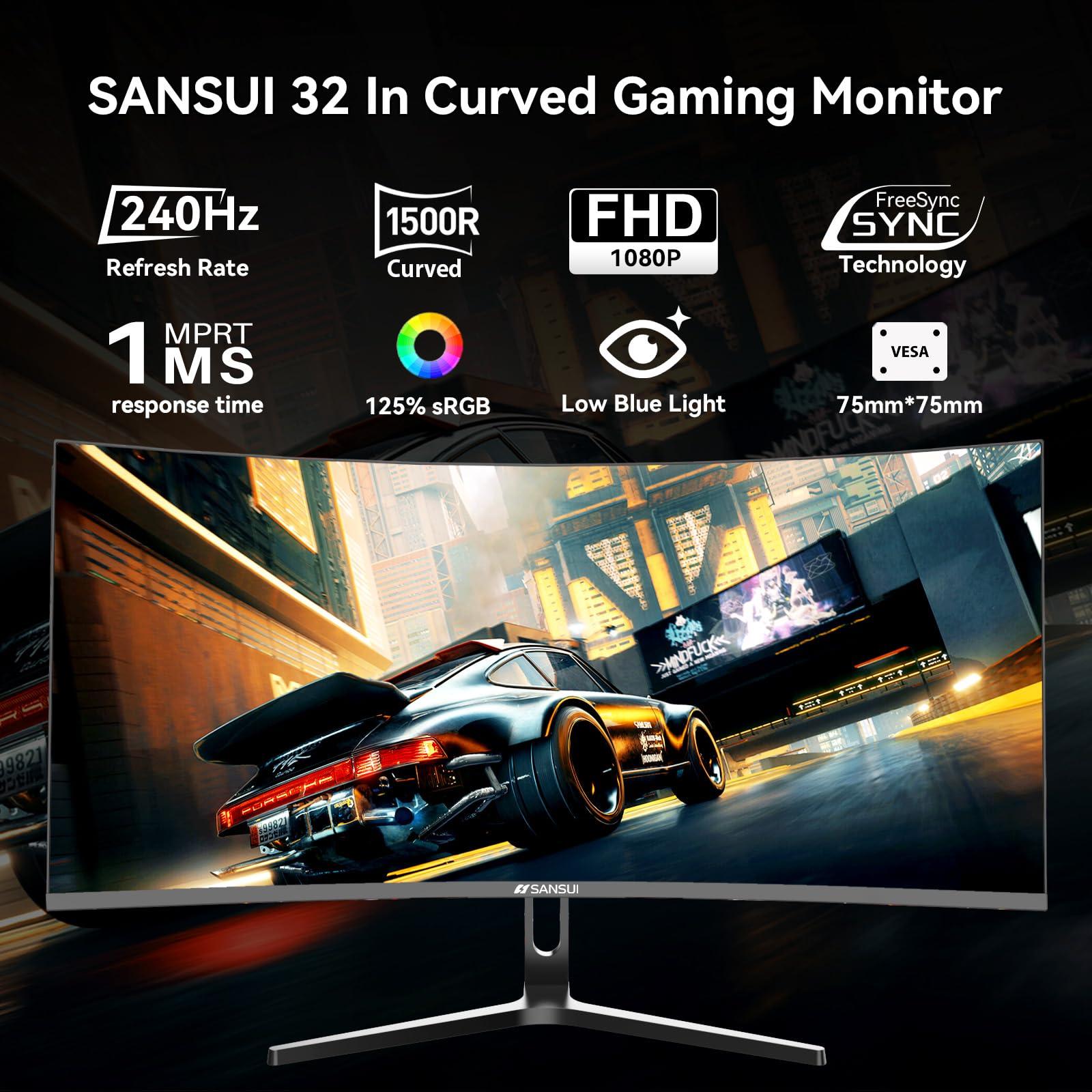 SANSUI SANSUI 32 Inch Curved 240Hz Gaming Monitor High Refresh Rate, FHD 1080P Gaming PC Monitor HDMI 2.12, DP 1.42, Curved 1500R, 1ms(OD), HDR, VESA Compatible (ES-G32C3F One DP Cable Included)