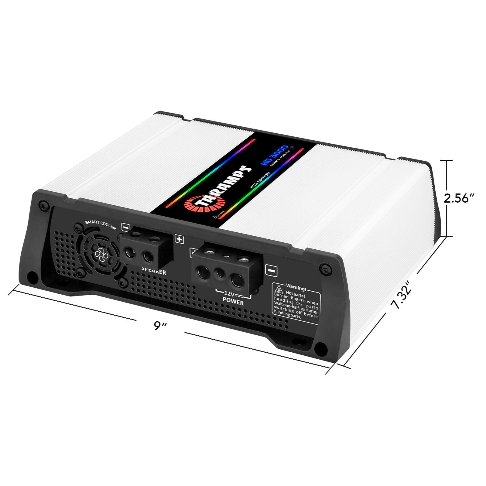 Taramp's Taramps HD 3000 2 Ohms RGB Effects 1 Channel 3000 Watts RMS MAX Full Range Car Audio Monoblock LED Monitor Indicator Class D Amplifier Crossover, HD 3k