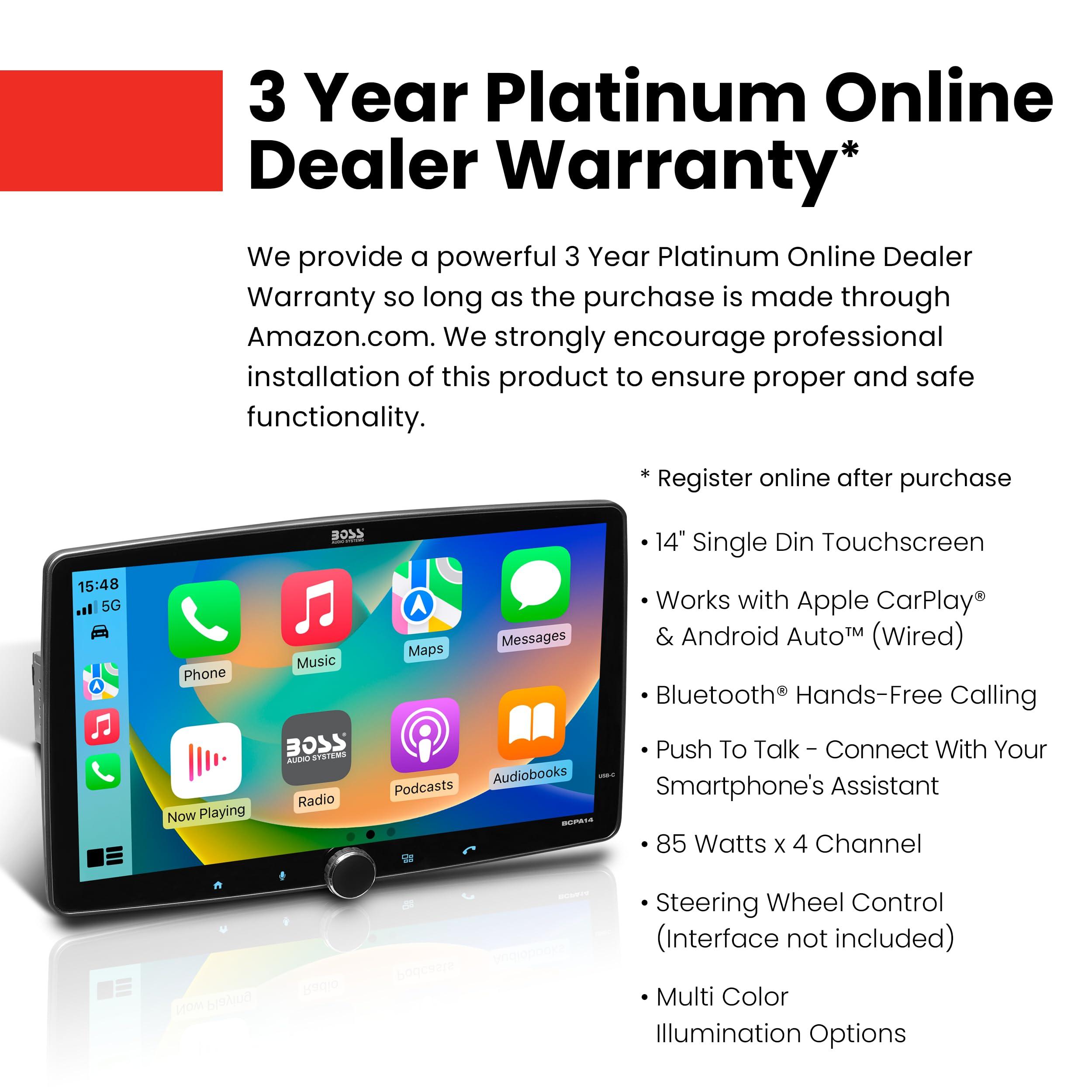 BOSS Audio Systems BOSS Audio Systems BCPA14 Car Stereo - Apple CarPlay, Android Auto, Single Din, 14 Inch Capacitive LCD Touchscreen, Bluetooth, No DVD CD Player, AM/FM Radio Receiver, Multicolor Illumination