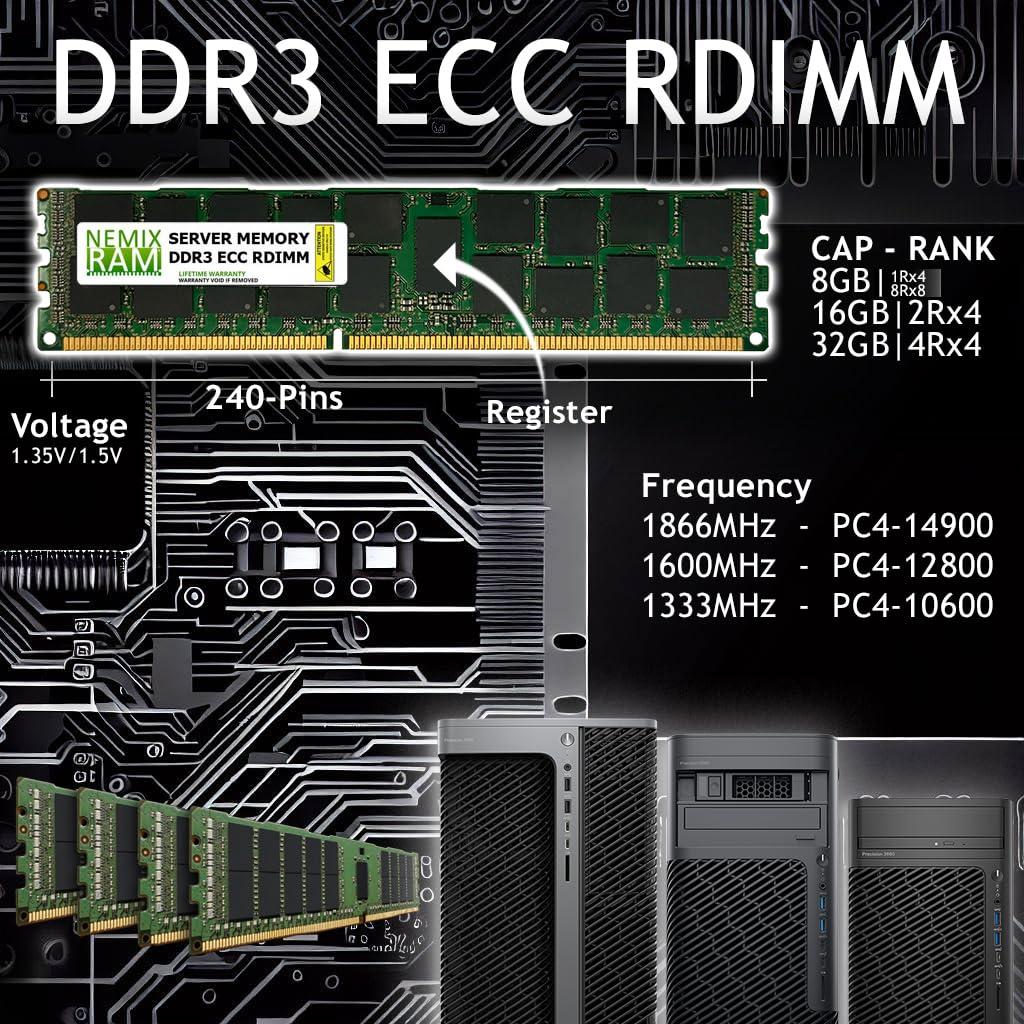 NEMIX RAM NEMIX RAM 16GB (1X16GB) DDR3 1866MHZ PC4-14900 2Rx4 1.5V 240-PIN ECC RDIMM Compatible with Hynix HMT42GR7BFR4C-RD Registered Server Memory
