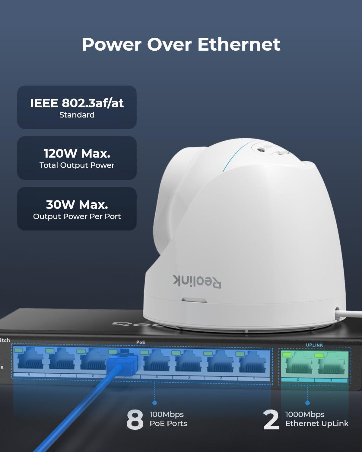 REOLINK REOLINK PoE Switch with 8 PoE and 2 Gigabit Uplink Ports, Ideal for REOLINK RLN36 NVR and Power Over Ethernet IP Cameras, IEEE802.3af/at, Metal Casing, Desktop/Wall Mount, RLA-PS1