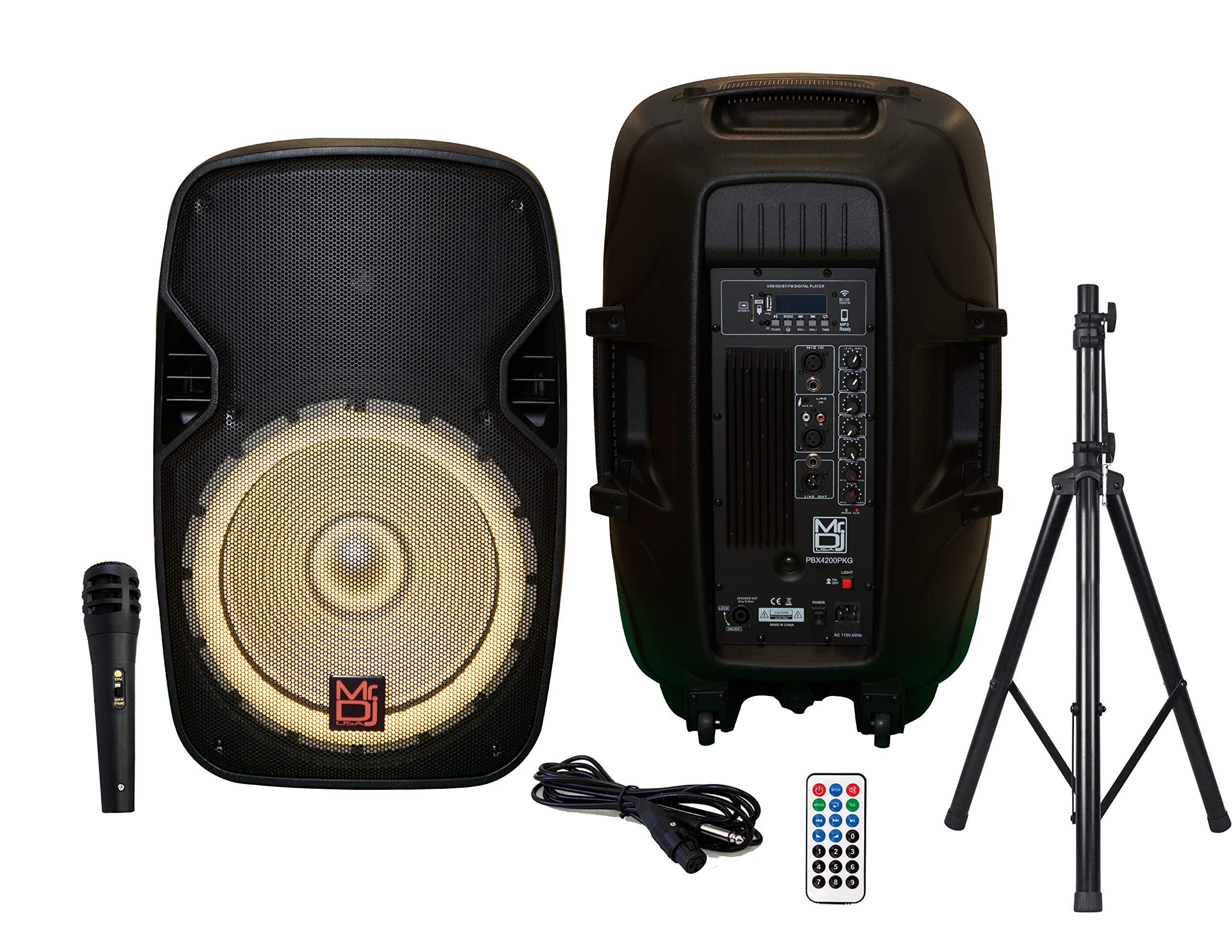 Mr. Dj Mr. Dj PBX-4200PKG 15" Powered PA DJ Speaker 2-Way Full Range Portable PA Speaker System Combo Set with Stands/Illuminating Light/Microphone/EQ/USB/Bluetooth