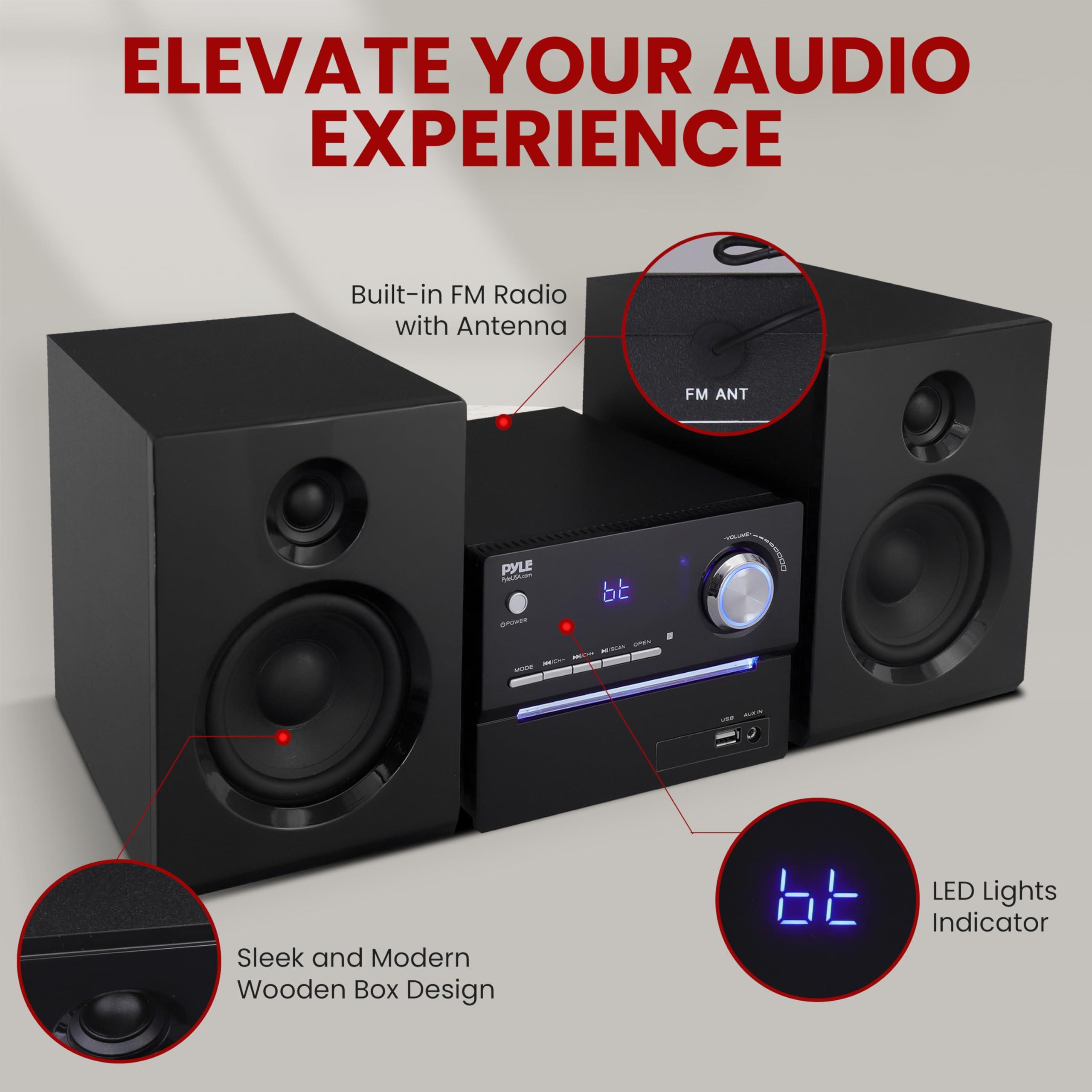 Pyle Pyle CD/DVD P.M.P.O Stereo System, 3-pc Wireless BT Streaming 6 Ohm Two-Way Wooden Speaker Box and Subwoofer, Digital Amplifier IC with MP3, USB, FM Radio, Bass Reflex Speaker